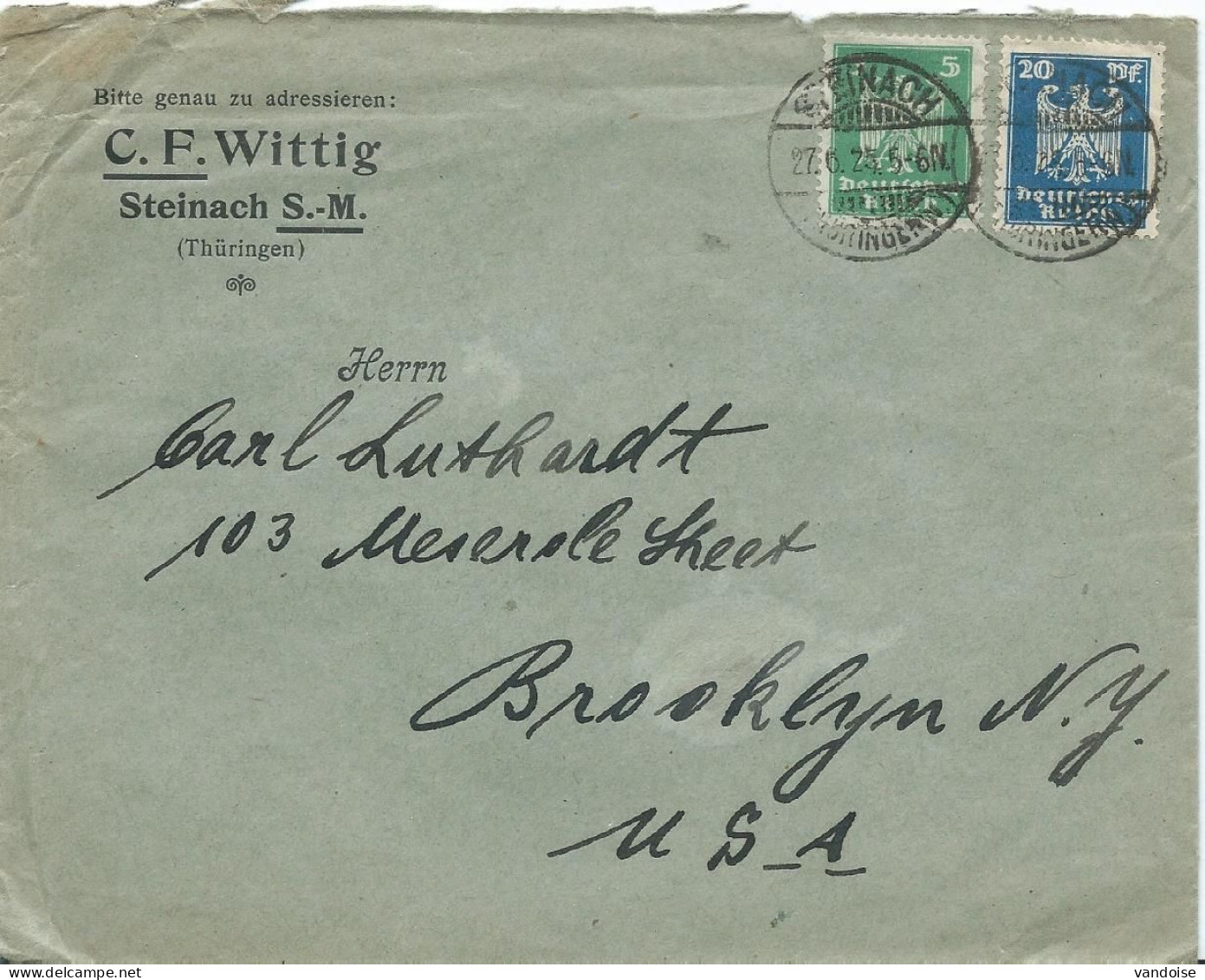 LETTRE POUR LES USA 1925 AVEC 2 TIMBRES ET CACHET DE STEINACH - Briefe U. Dokumente