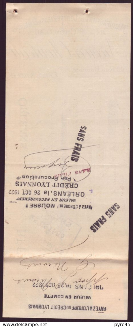 CHEQUE DU 29 / 10 / 1922 MANUFACTURE DE COUVRE PIEDS & EDREDONS A ORLEANS - Assegni & Assegni Di Viaggio