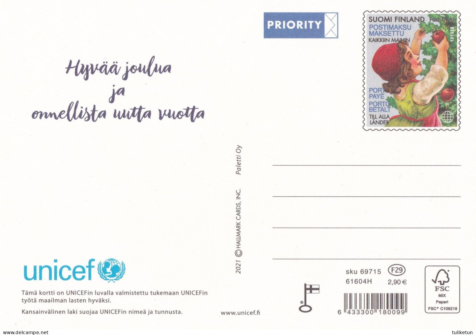 Postal Stationery - Children Decorating Christmas Tree - Unicef 2021 - Suomi Finland - Postage Paid - Postwaardestukken