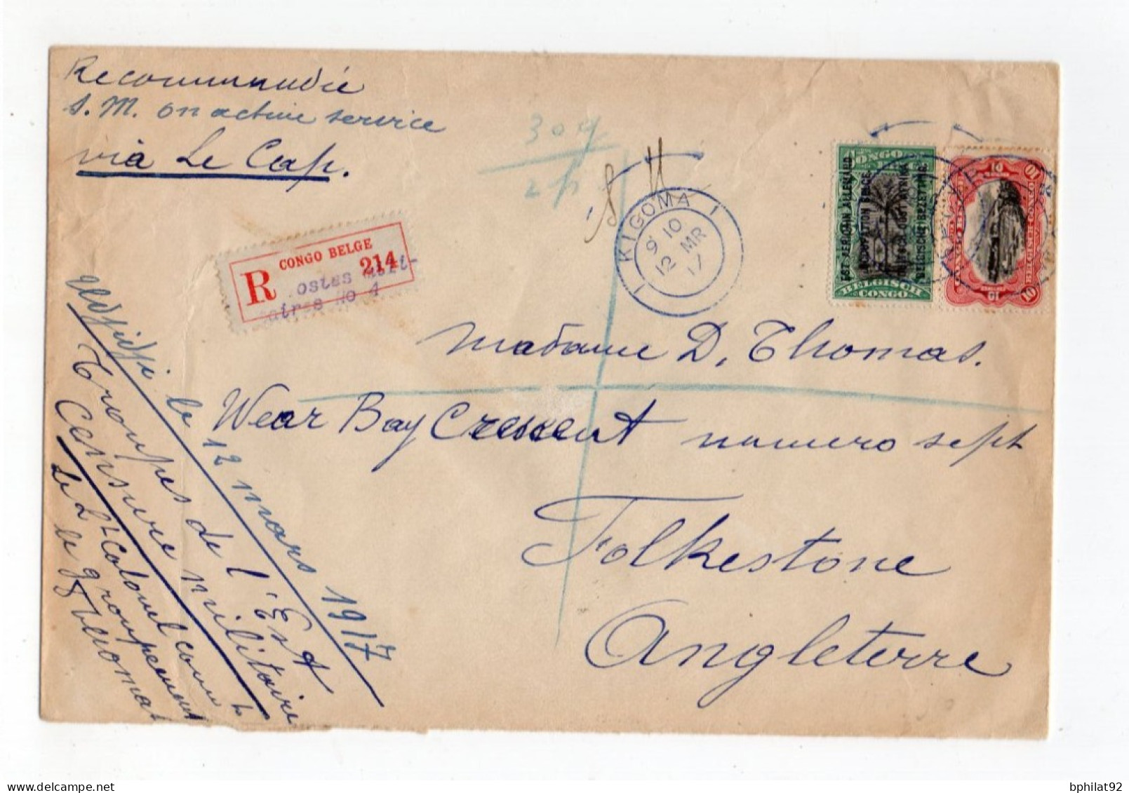 !!! CONGO BELGE, LETTRE AVEC ETIQUETTE DE RECOMMANDATION MILITAIRE DE KIGOMA DE 1917 POUR L'ANGLETERRE - Covers & Documents