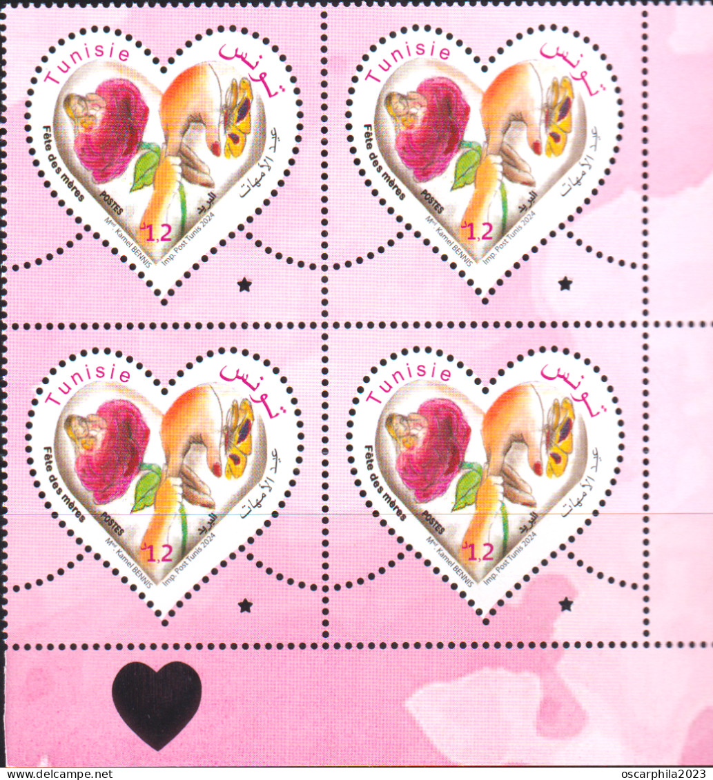 2024-Tunisie- Fête Des Mères -Femme- Enfant- Rose- Papillon- Mains- Bloc De 4 V.MNH****** - Mother's Day