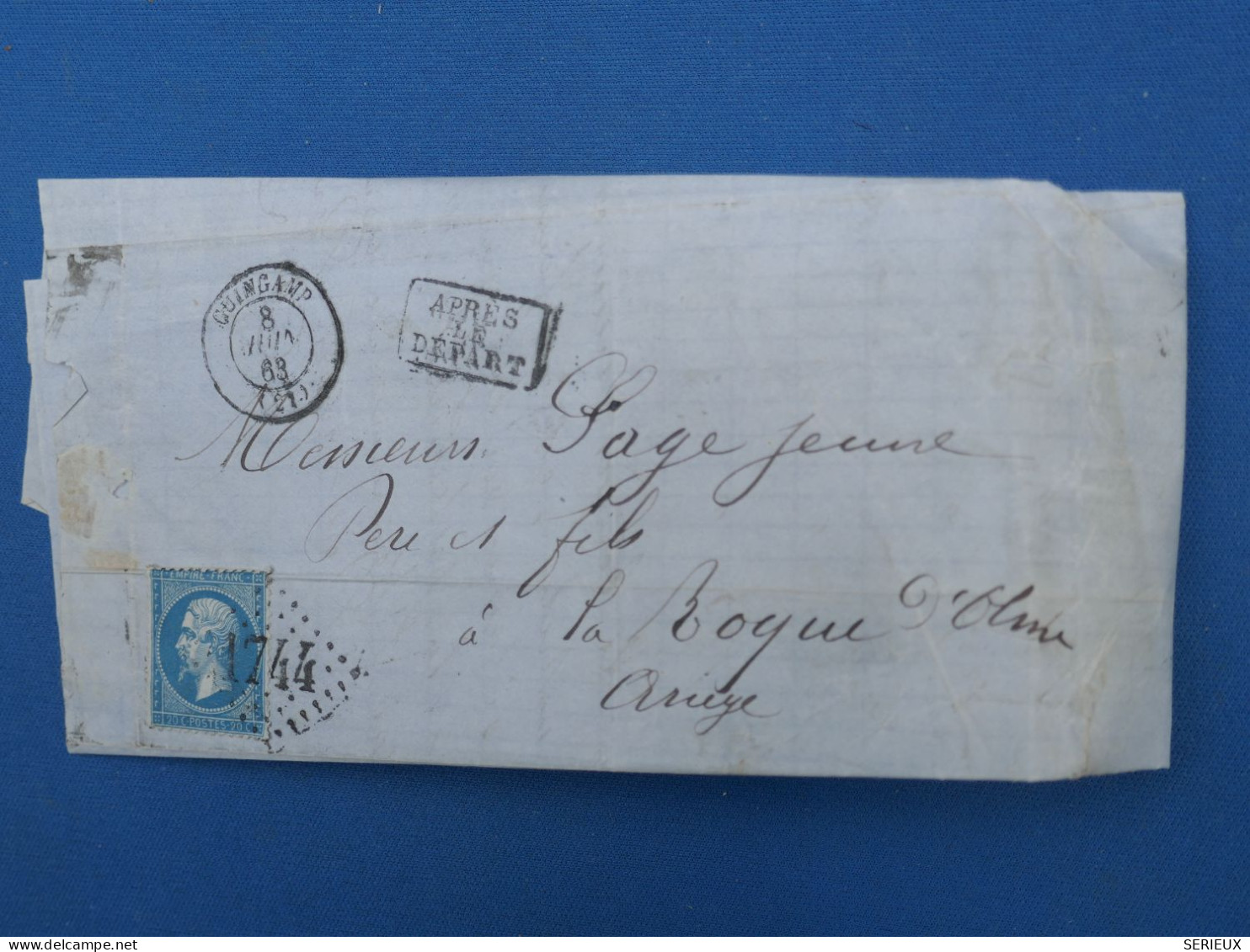 DP2 FRANCE  LETTRE RARE AVEC ECHANTILLONS DE TISSUS  1863  PETIT BUREAU GUINGAMP A LA ROQUE  +N°22 +HAUTE COUTURE !!!+ - 1849-1876: Période Classique