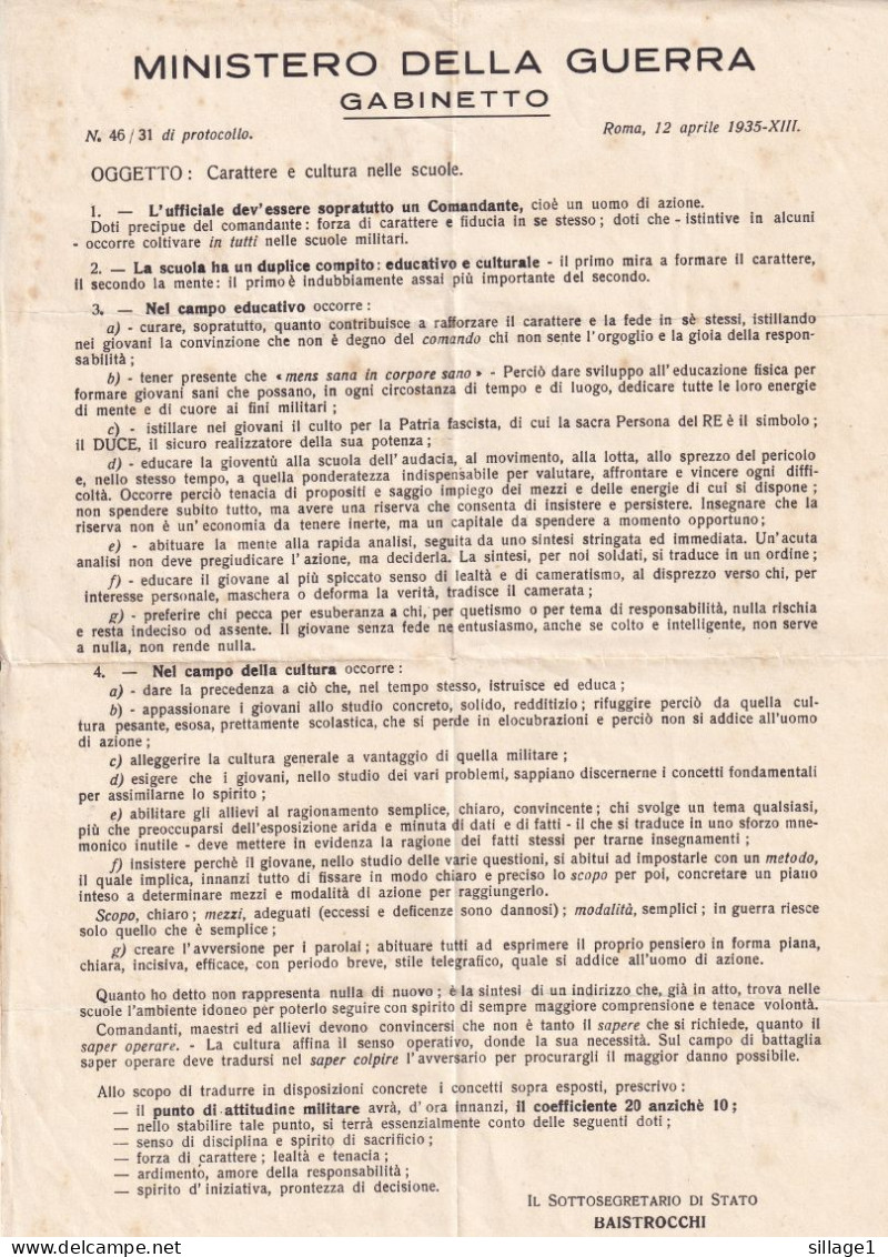 Roma Italie MINISTERO DELLA GUERRA GABINETTO ROMA, 12 Aprile 1935 Carattere E Cultura Nelle Scuole BAISTROCCHI - Documents Historiques