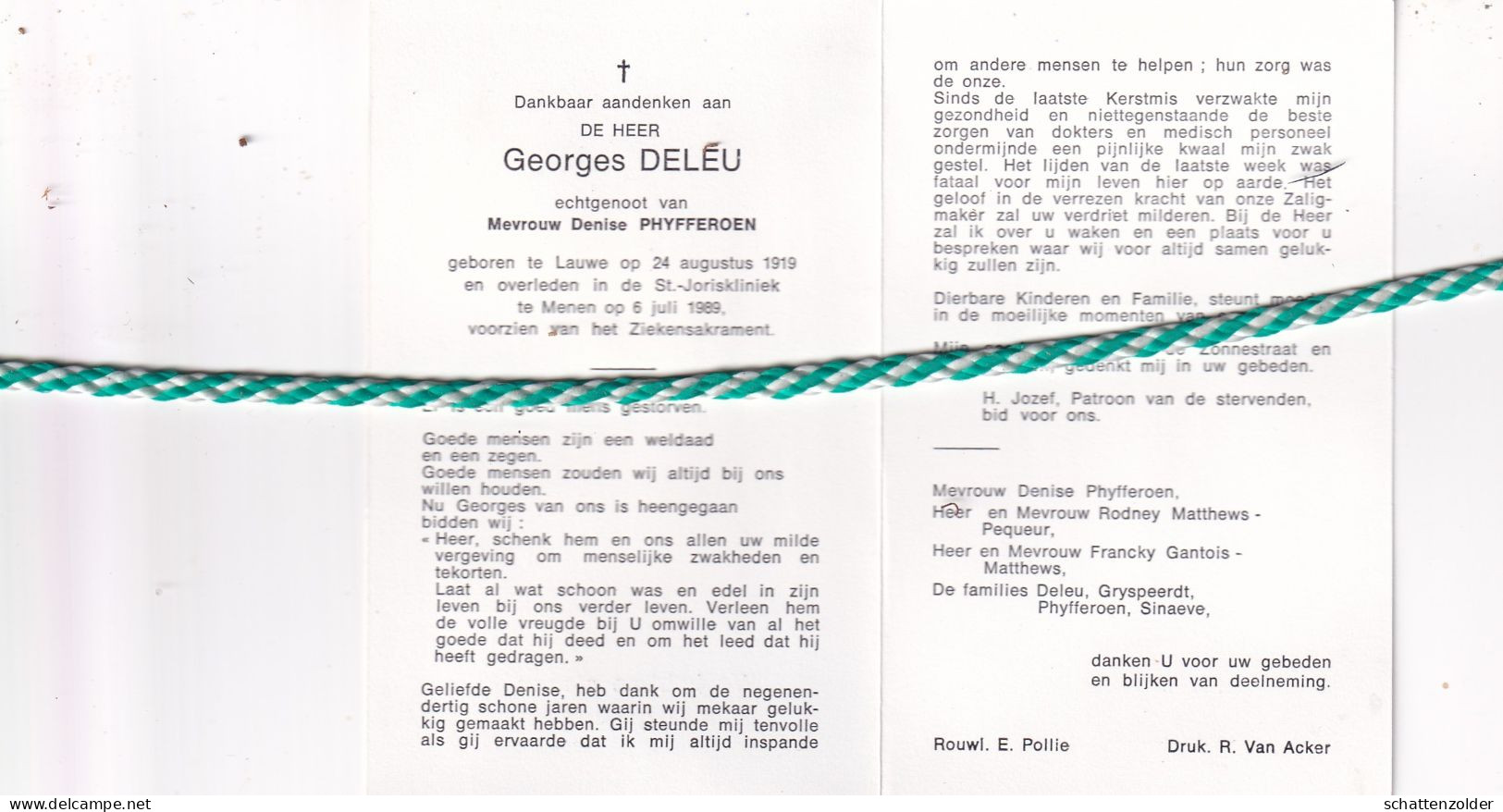 Georges Deleu-Phyfferoen, Lauwe 1919; Menen 1989 - Décès