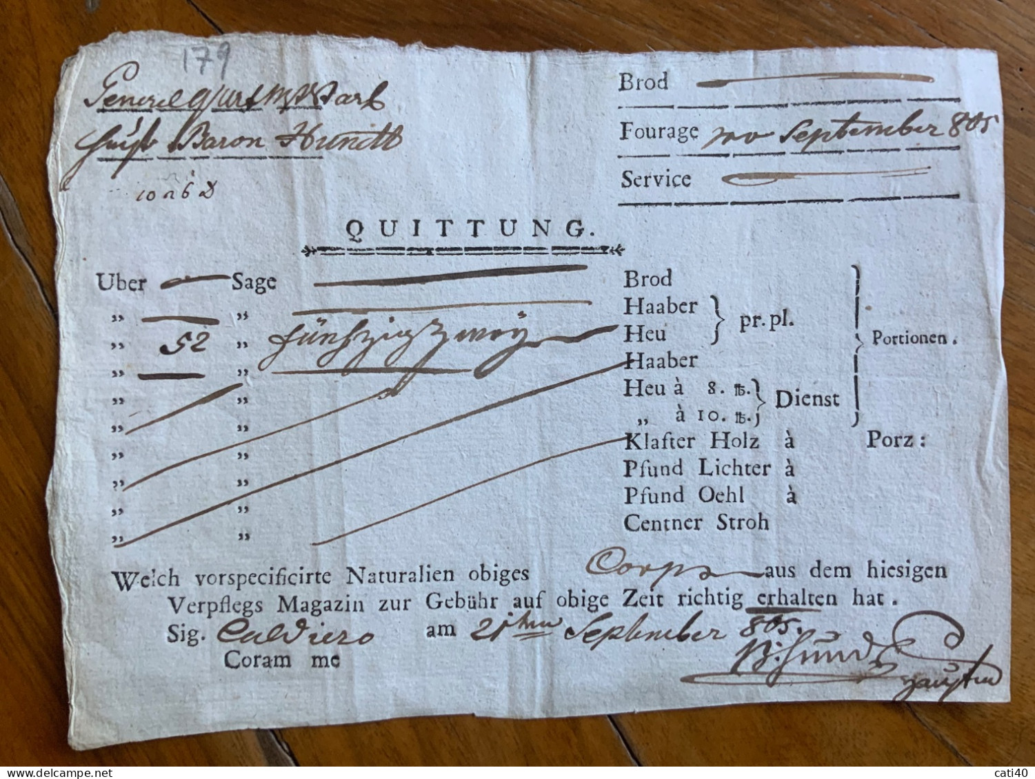 ARMEE D'ITALIE  - QUITTUNG  AUTOGRAFA DEL GENERALE BARONE HUNITT PER FOURAGE SETTEMBRE 1805 - Historische Dokumente