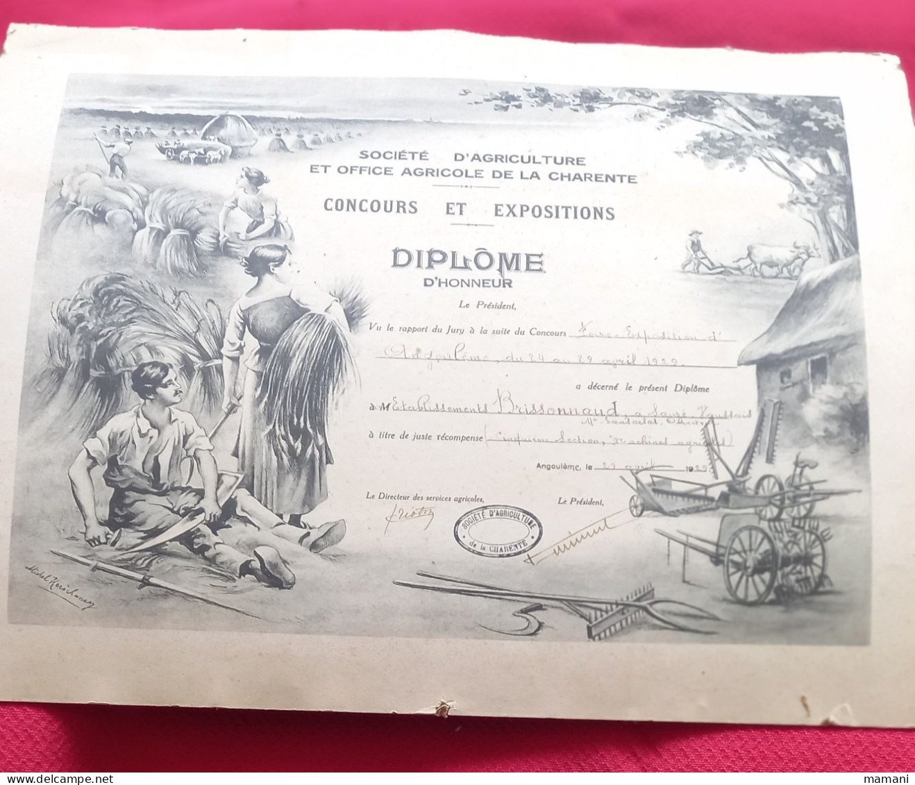 Diplôme d'honneur d'agricole Sauze Vaussais