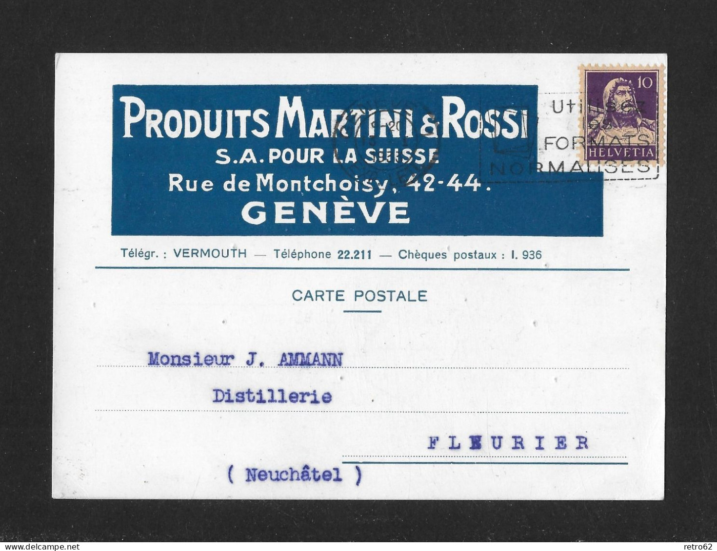 1933 PRIVATE POSTKARTE ► Postkarte Mit Zudruck "Produits Martini & Rossi Genève" Nach Fleurier - Covers & Documents