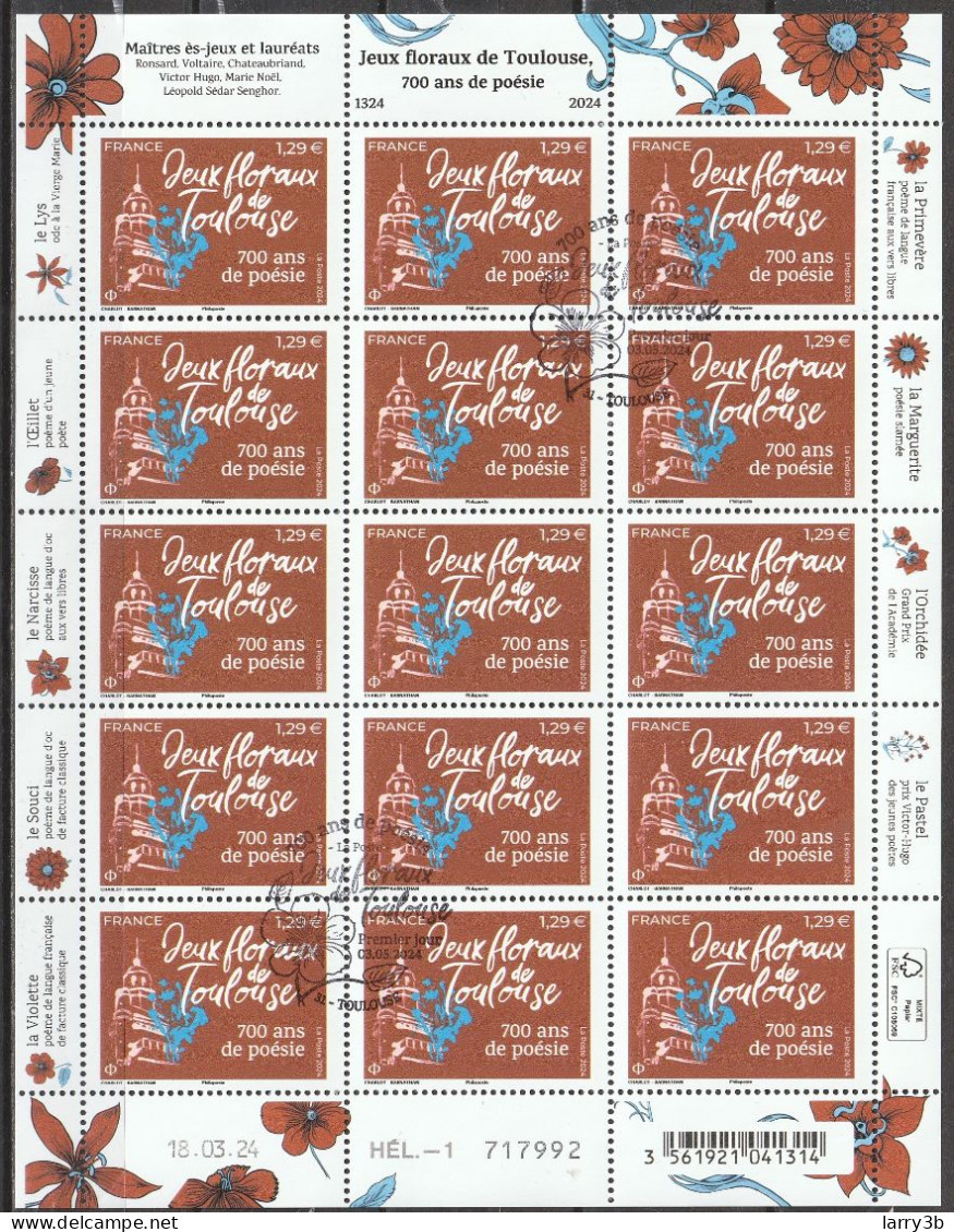 2024 - Y/T 5xxx - OBL 1er JOUR - "JEUX FLORAUX DE TOULOUSE – 700 ANS DE POÉSIE" - BLOC FEUILLET 15 TIMBRES - Gebruikt