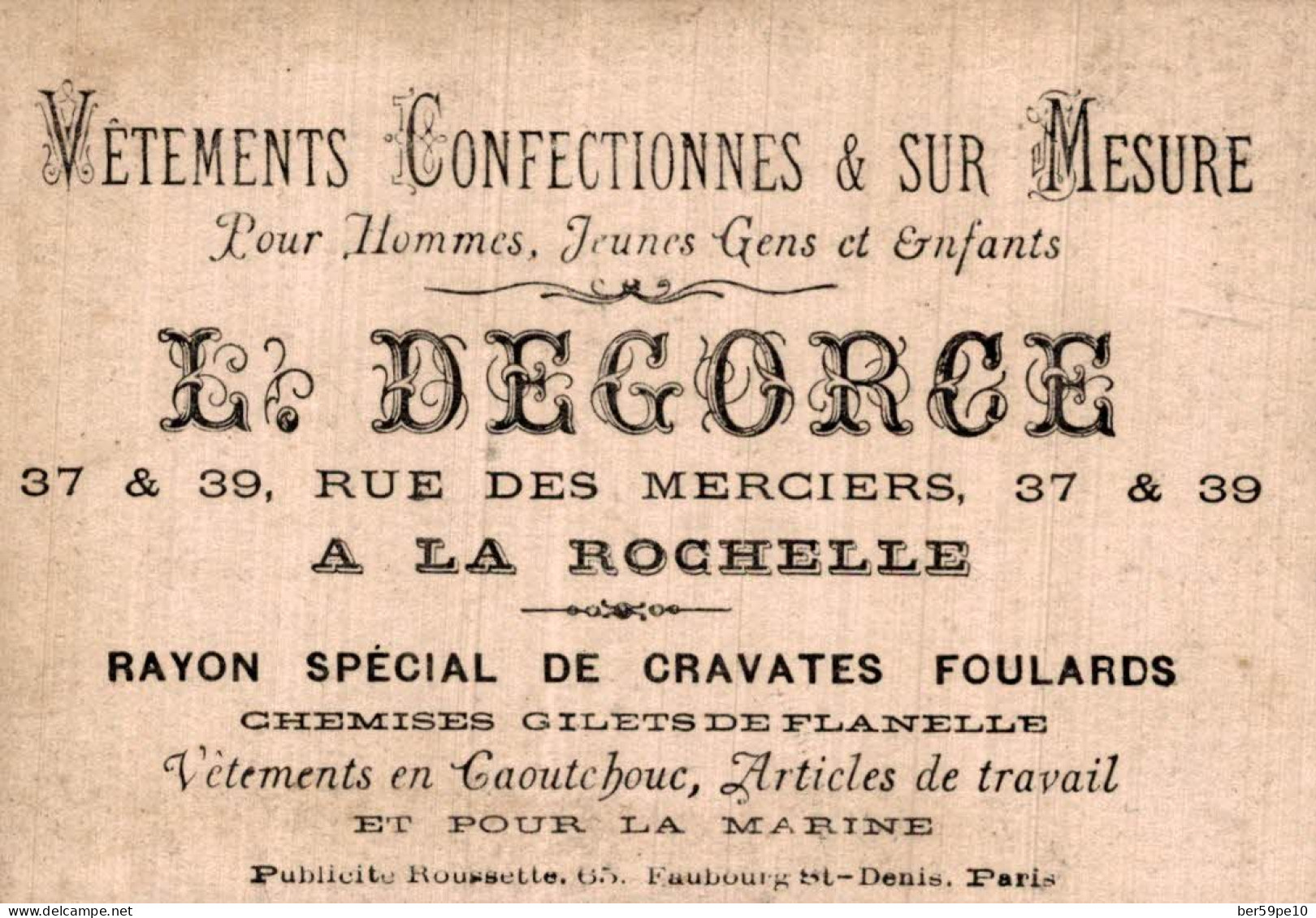 CHROMO VETEMENTS SUR MESURE L. DEGORCE A LA ROCHELLE COUPLE HOMME AU BICORNE ET MONOCLE - Autres & Non Classés