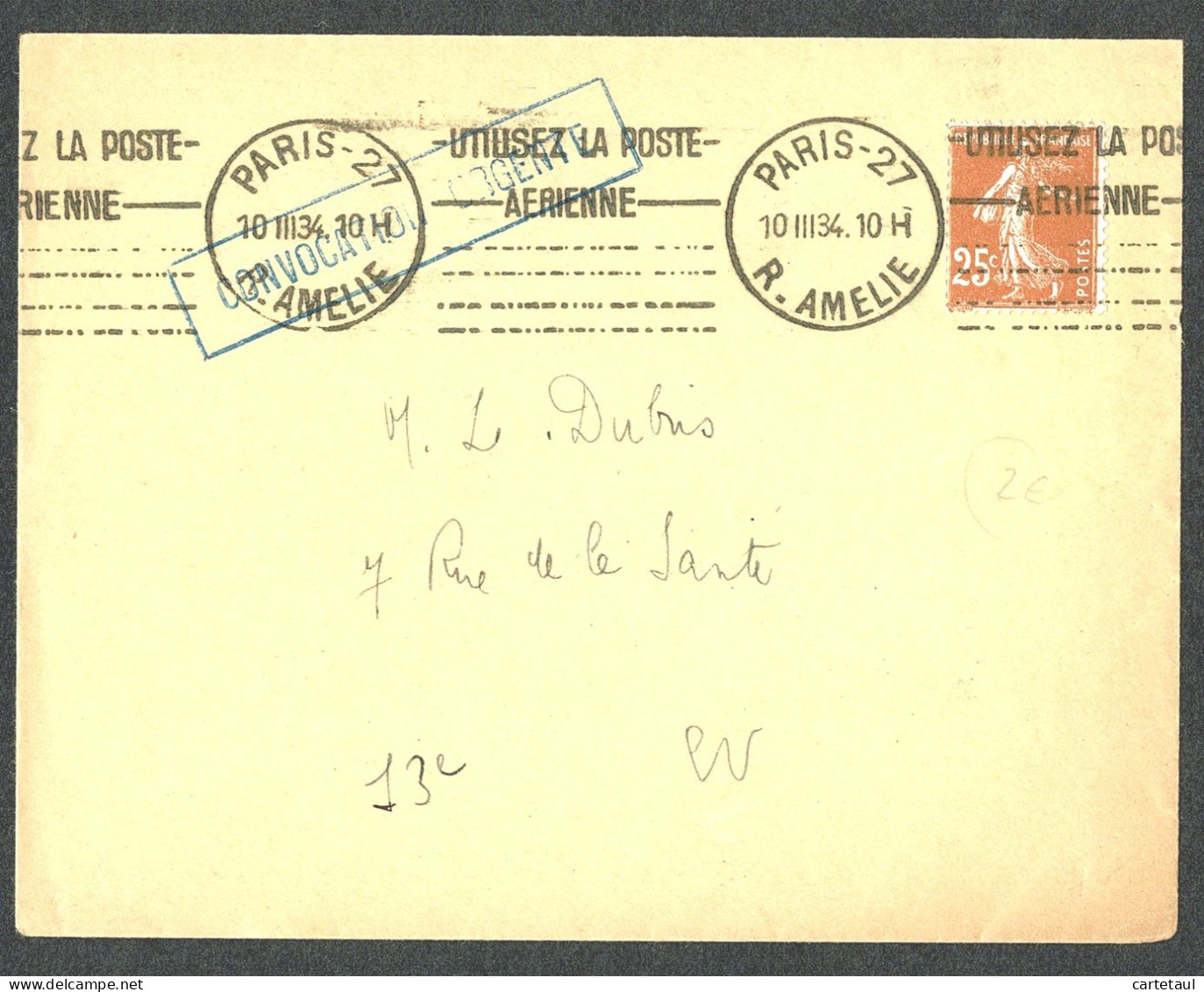 1934 Lettre 25c Semeuses  Oblitération Mécanique KRAG PARIS-27 R. AMELIE 10 III 34 "UTILISEZ LA POSTE AERIENNE......" - Maschinenstempel (Sonstige)