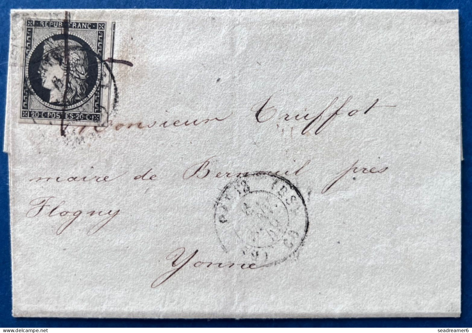 Lettre Ceres 6 JAN 1849 N°3 20c Noir Oblitéré Càd T15 De Bureau Supplémentaire " BS / PARIS / BS / 60 " Pour BERNEUIL RR - 1849-1850 Ceres