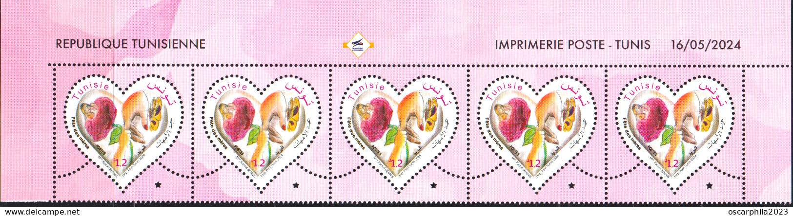 2024-Tunisie- Fête Des Mères -Femme- Enfant- Rose- Papillon- Mains- Bande De 5v Coin Daté  -.MNH****** - Papillons