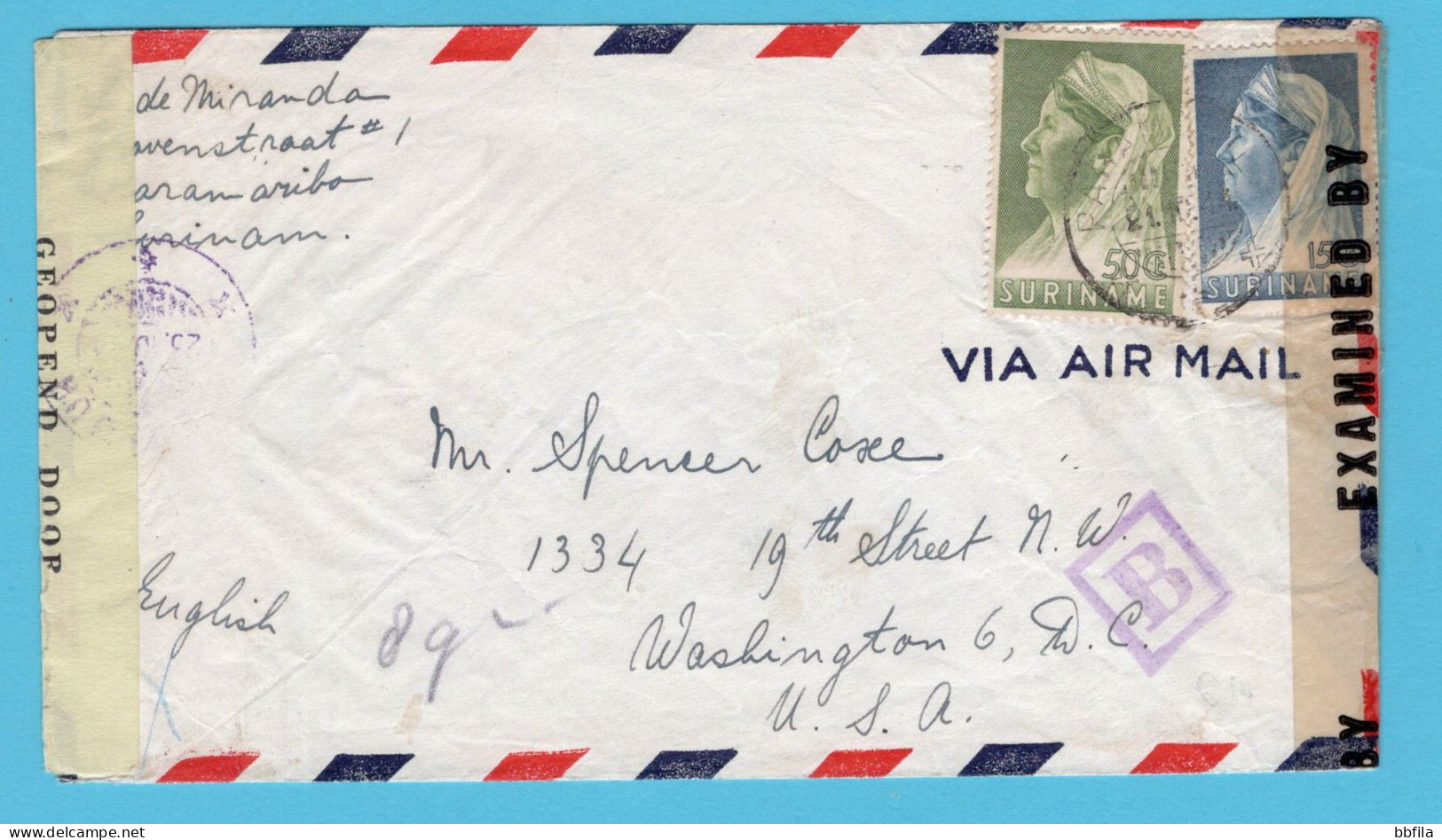 SURINAME Censuur Luchtpost Brief 1944 Paramaribo Naar Washington, USA - Surinam ... - 1975