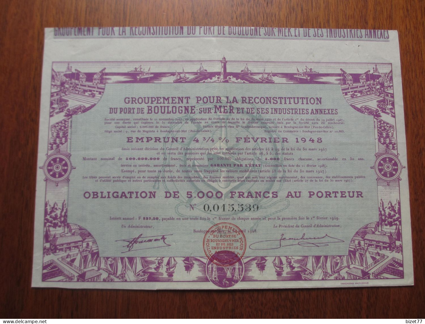 FRANCE - 62 - PAS DE CALAIS - BOULOGNE /MER 1948 - RECONSTRUCTION DU PORT DE BOULOGNE - OBLIGATION DE 5 000 FRS - Autres & Non Classés