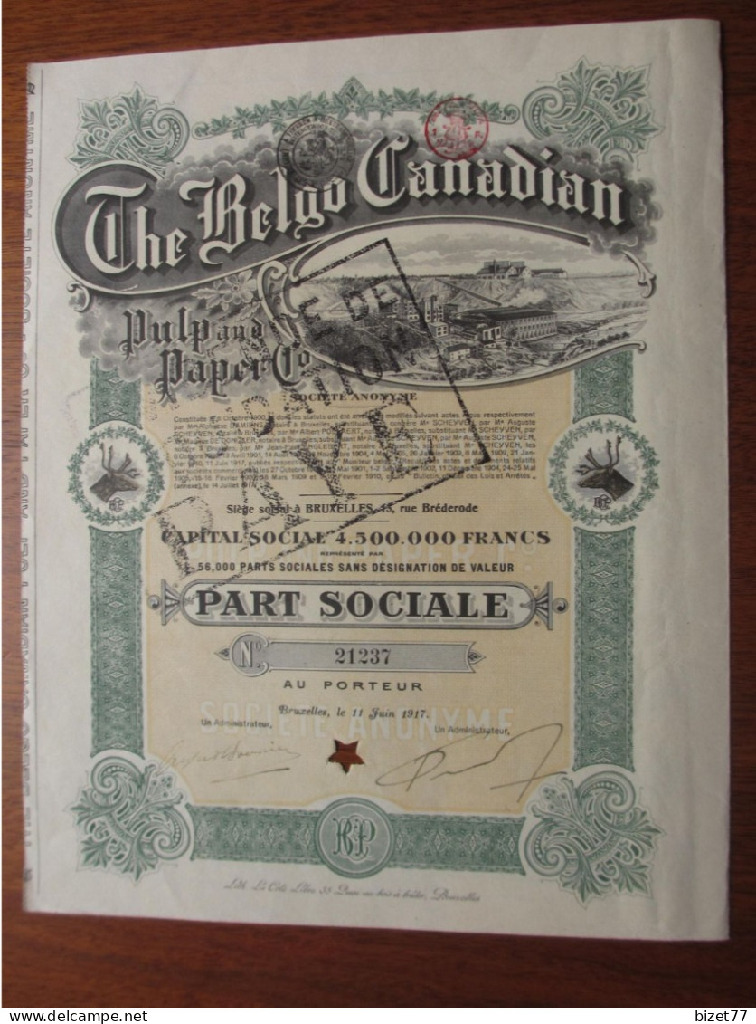 BELGIQUE -BRUXELLES 1917 - THE BELGO-CANADIAN PULP & PAPER - PART SOCIALE - Other & Unclassified