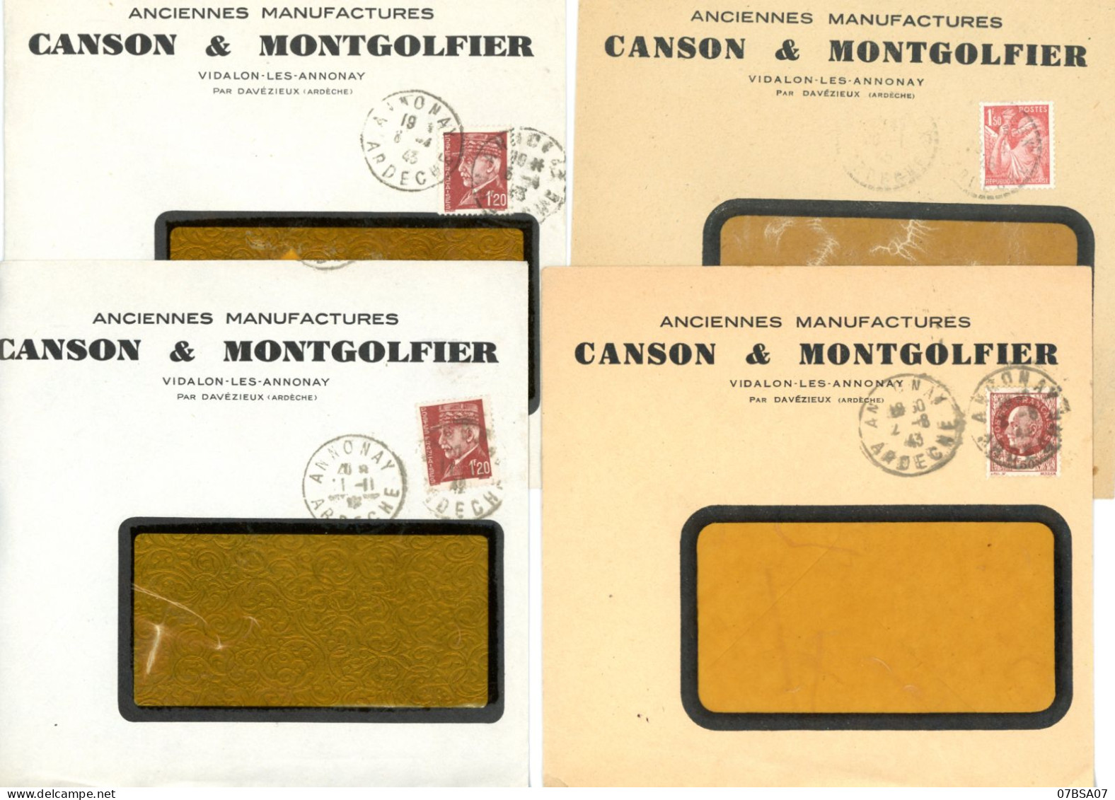 CANSON MONGOLFIER ARDECHE ENV 1942 / 1945 LOT DE 4 X ENVELOPPE ENTETE CANSON ET MONTGOLFIER VIDALON LES ANNONAY - Historische Documenten