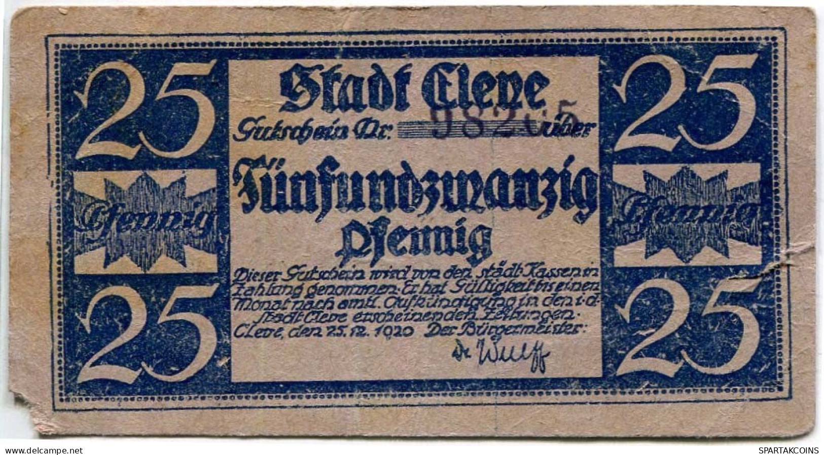 25 PFENNIG 1920 Stadt KLEVE Rhine DEUTSCHLAND Notgeld Papiergeld Banknote #PL816 - [11] Lokale Uitgaven