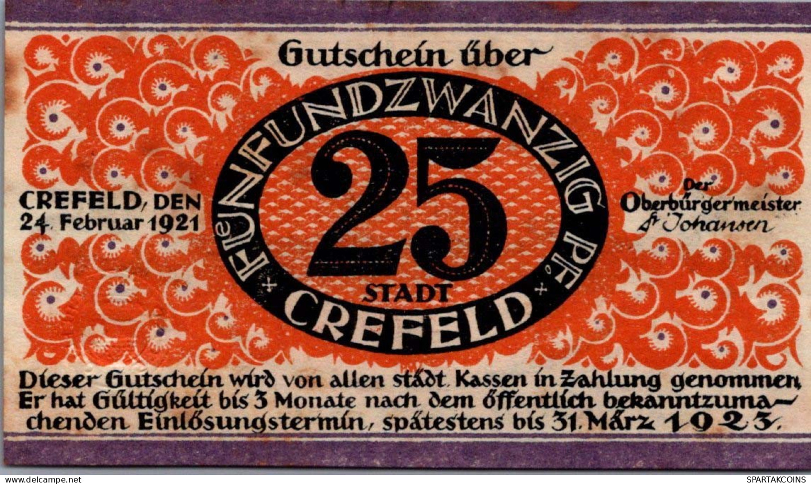 25 PFENNIG 1923 Stadt KREFELD Rhine UNC DEUTSCHLAND Notgeld Banknote #PA411 - Lokale Ausgaben