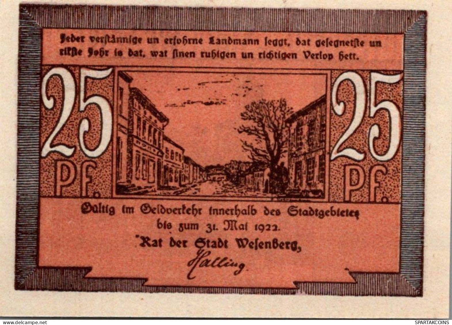 25 PFENNIG 1922 Stadt WESENBERG IN MECKLENBURG UNC DEUTSCHLAND #PI684 - [11] Emissions Locales