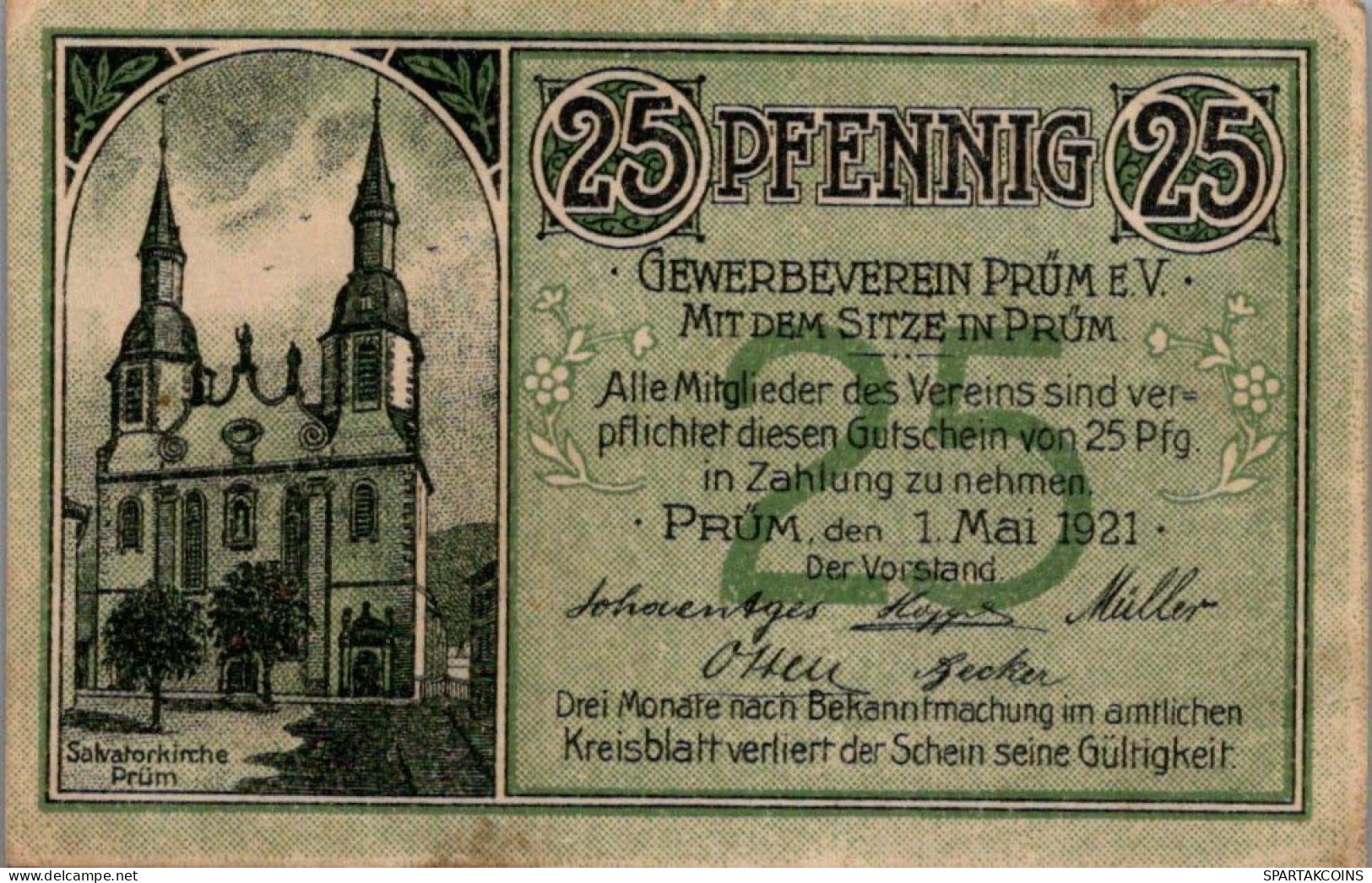 25 PFENNIG 1921 Stadt PRÜM Rhine UNC DEUTSCHLAND Notgeld Banknote #PB772 - [11] Lokale Uitgaven