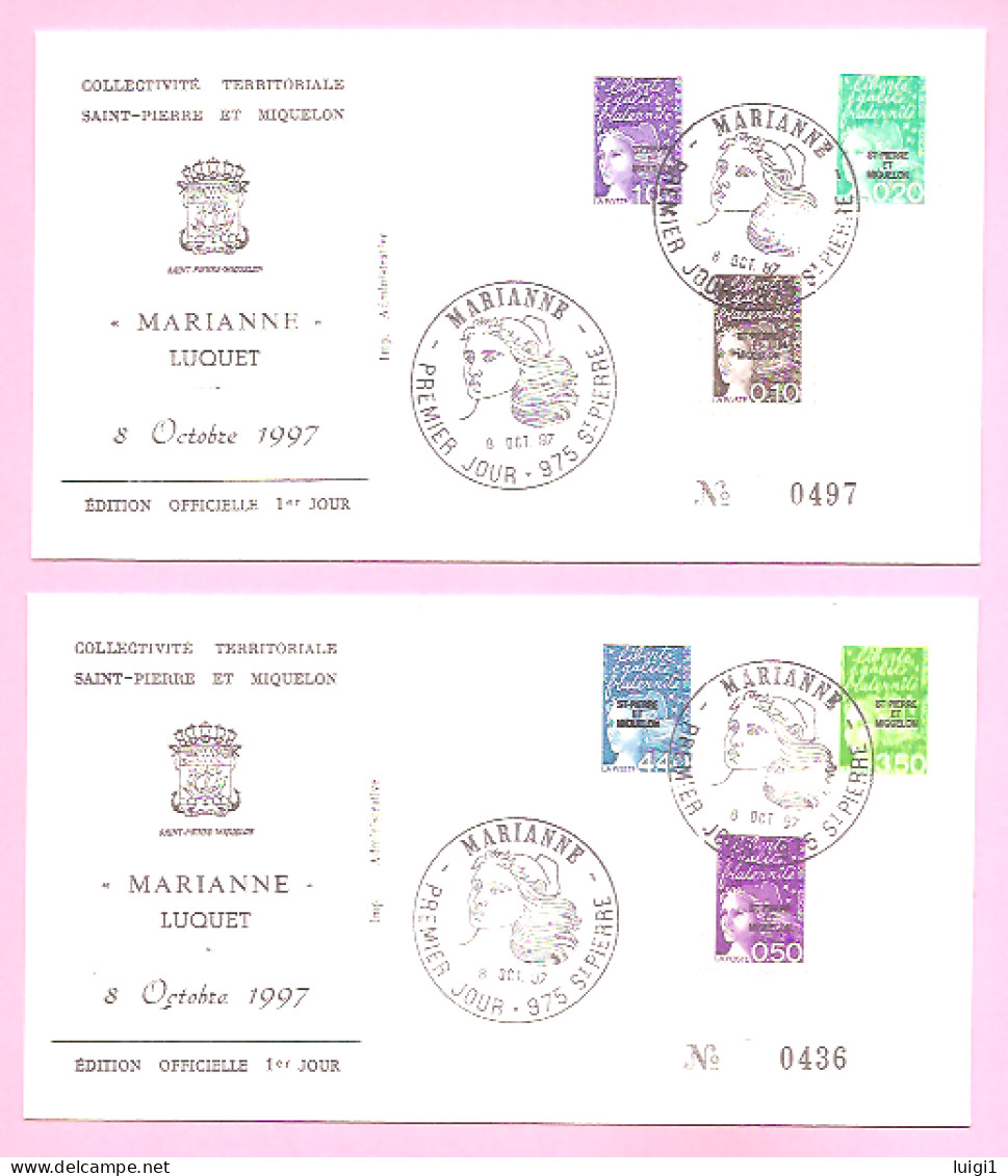 LUQUET LA POSTE 1997. Surchargés SPM.  2 FDC Y&T N° 656 à 661. Edition Officielle 1er Jour Du 8 OCT. 1997.  TB. - FDC