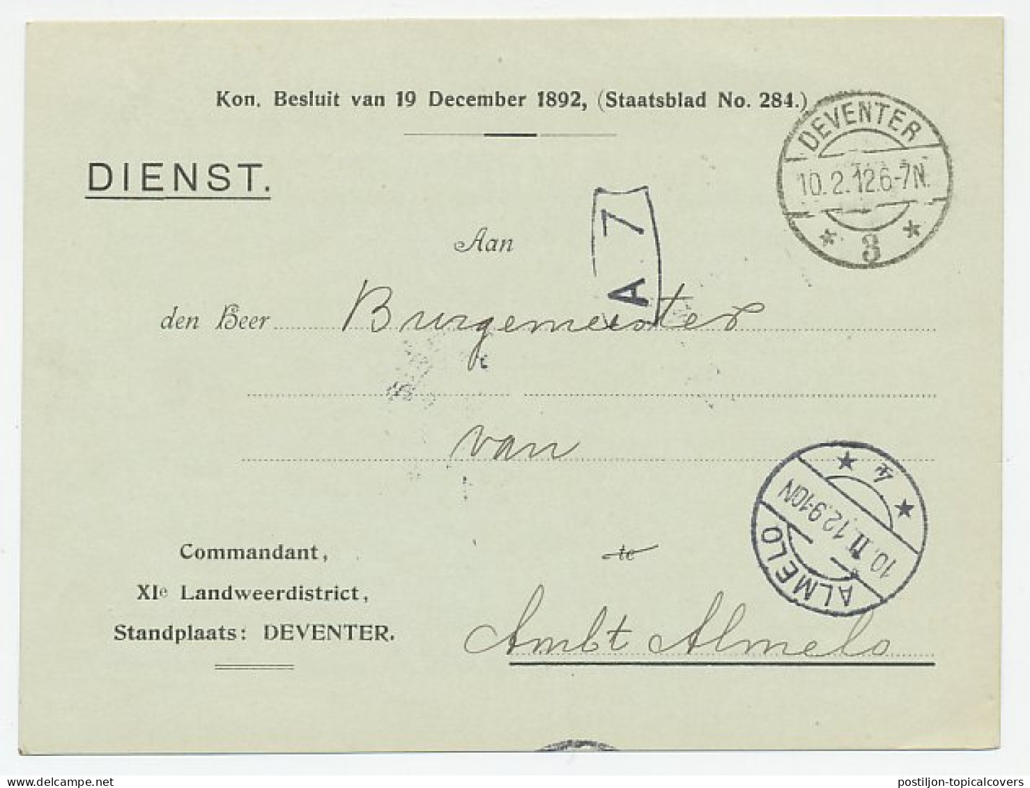 Dienst Deventer - Almelo 1912 - Commandant XIe Landweerdistrict - Unclassified