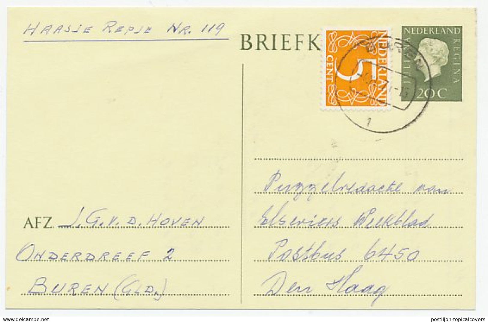 Briefkaart G. 342 / Bijfrankering Buren - Den Haag 1971 - Ganzsachen