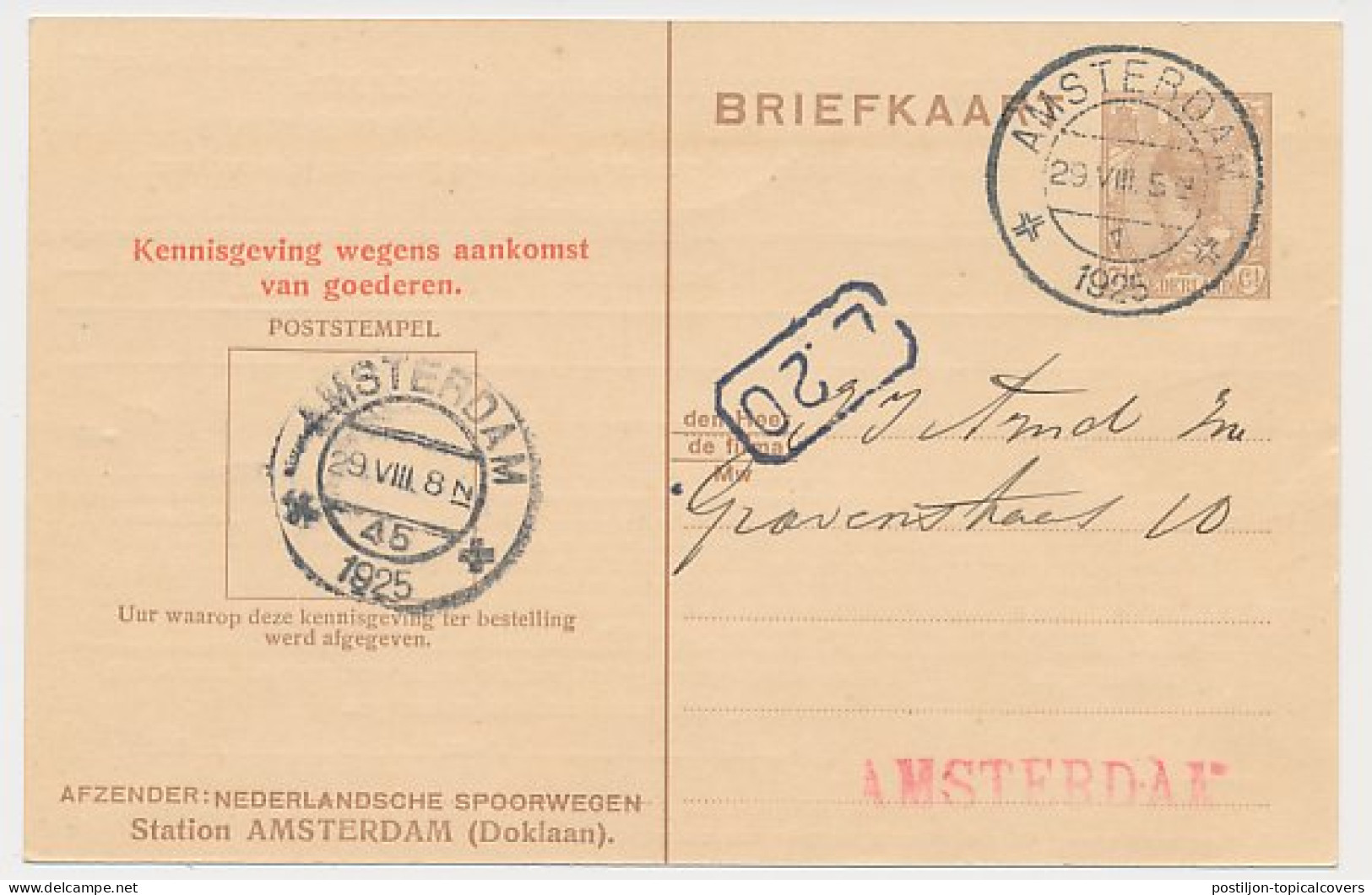 Spoorwegbriefkaart G. NS198 H - Locaal Te Amsterdam 1925 - Postal Stationery