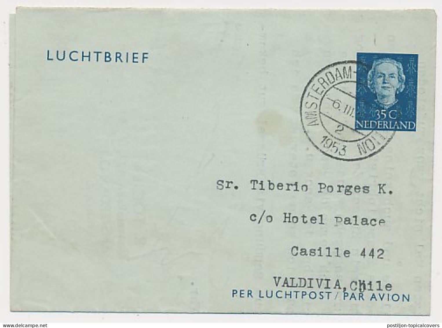 Luchtpostblad G. 4 Amsterdam - Valdivia Chili 1953 - Postal Stationery