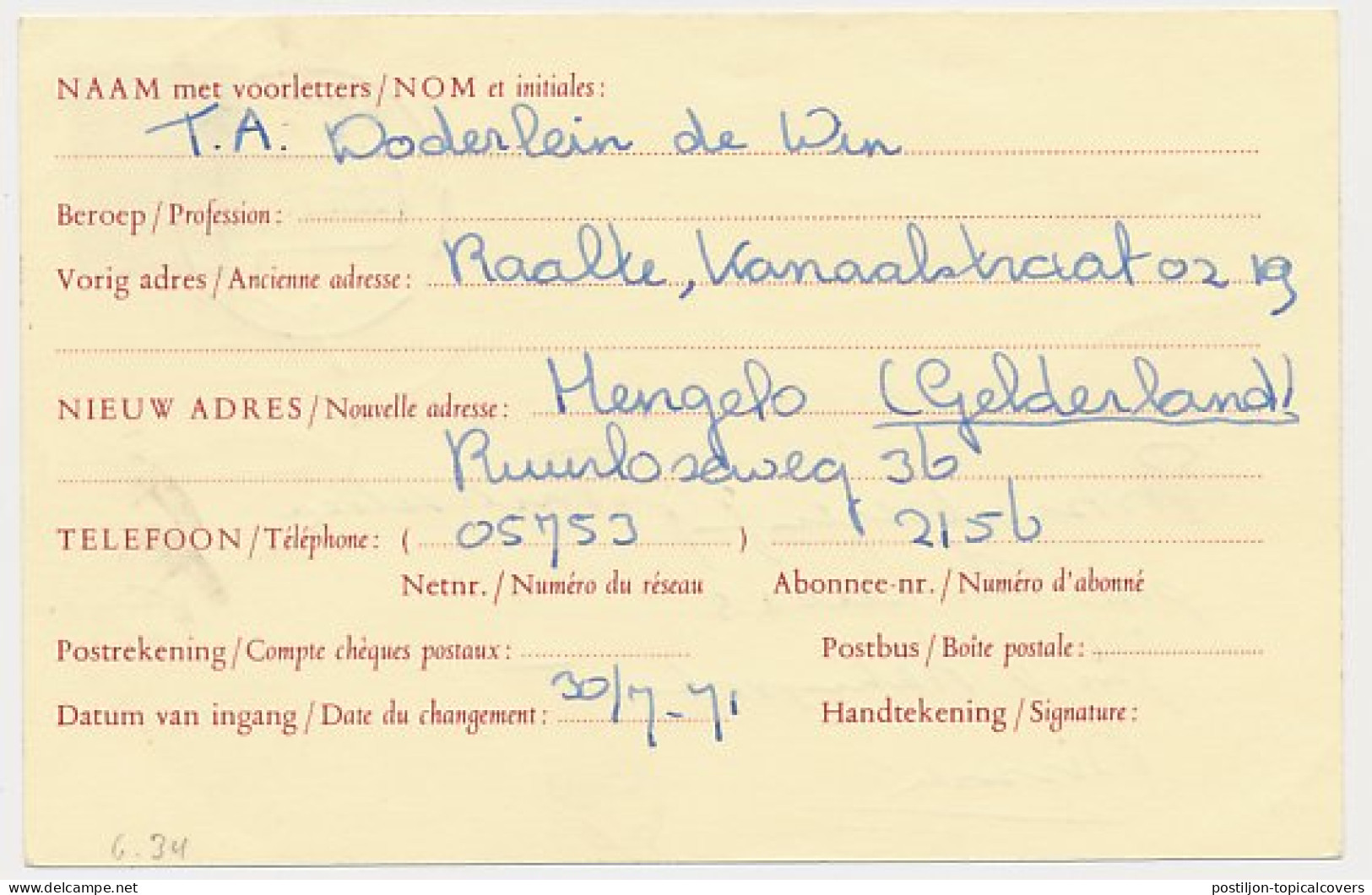 Verhuiskaart G. 36 Raalte - Ommen 1971  - Postal Stationery