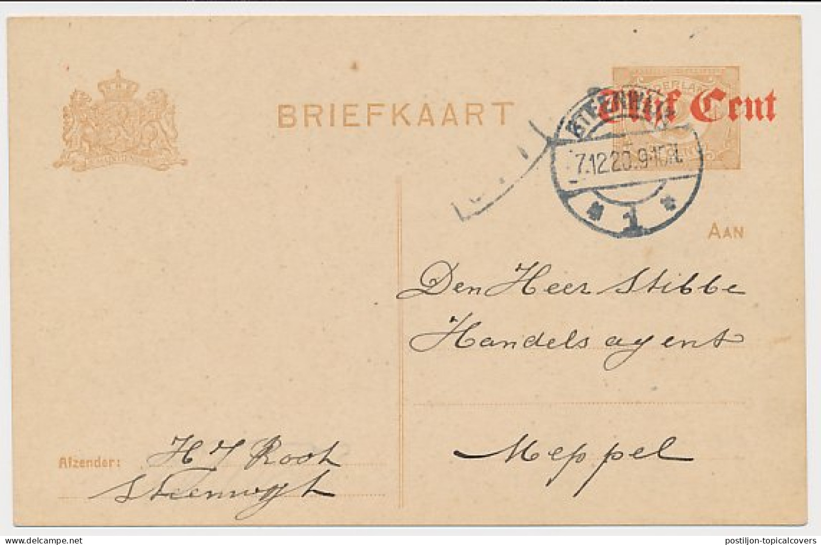 Briefkaart G. 107 A I Steenwijk - Meppel 1920 - Postal Stationery