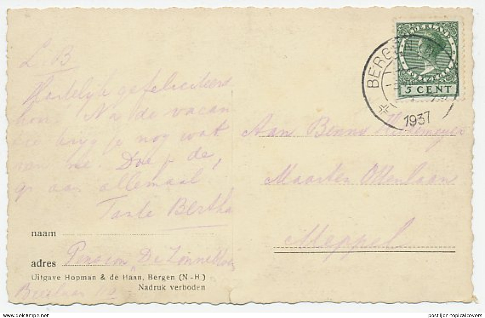 Prentbriefkaart Postkantoor Bergen 1937 - Other & Unclassified