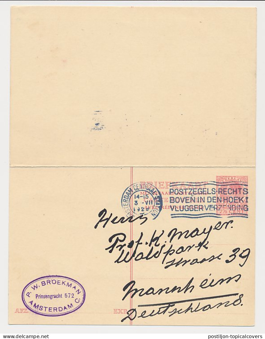 Briefkaart G. 225 Amsterdam - Mannheim Duitsland 1929 - Postal Stationery