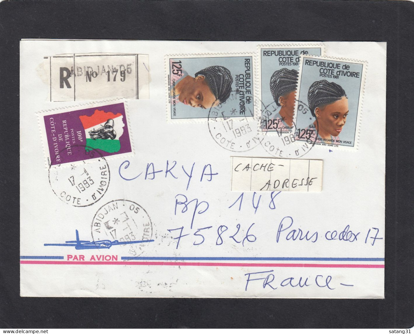 LETTRE RECOMMANDEE D'ABIDJAN AVEC TIMBRES " CARTE ET ELEPHANT/COIFFURE ".1993. - Costa D'Avorio (1960-...)