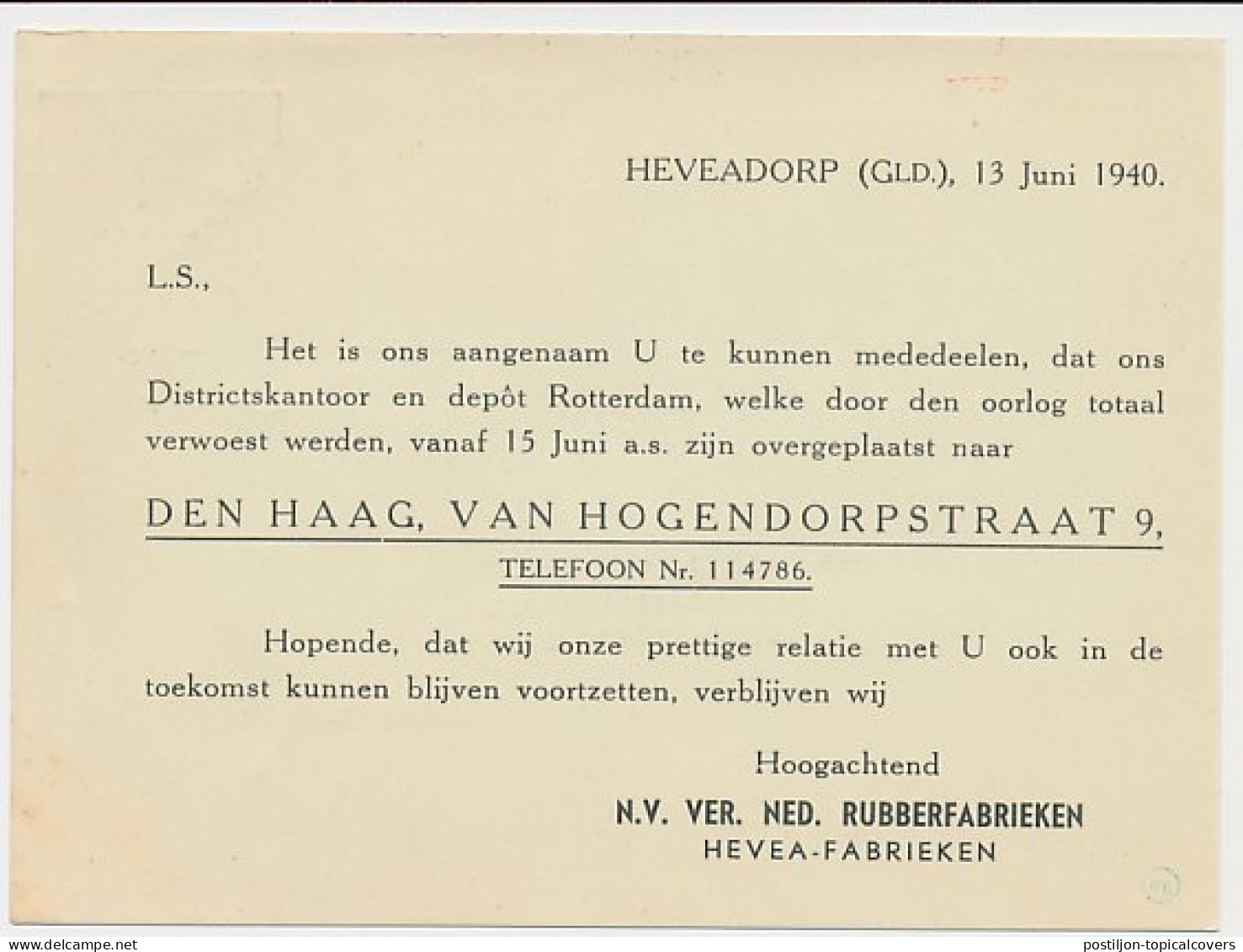 Firma Briefkaart Heveadorp 1940 - Rubberfabriek - Betr. WOII - Unclassified