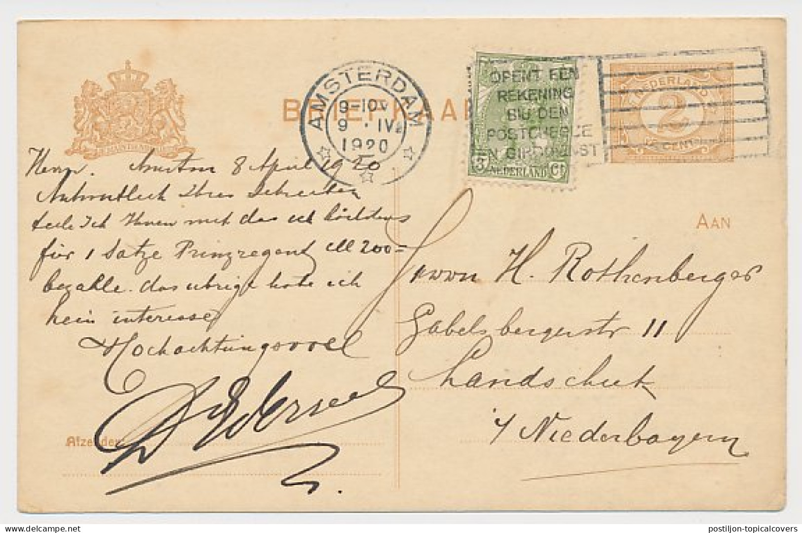 Briefkaart G. 88 Particulier Bedrukt Amsterdam - Duitsland 1920 - Postal Stationery