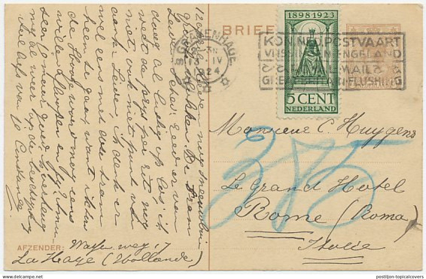 Briefkaart G. 198 / Bijfrankering Den Haag - Italie 1924 - Entiers Postaux