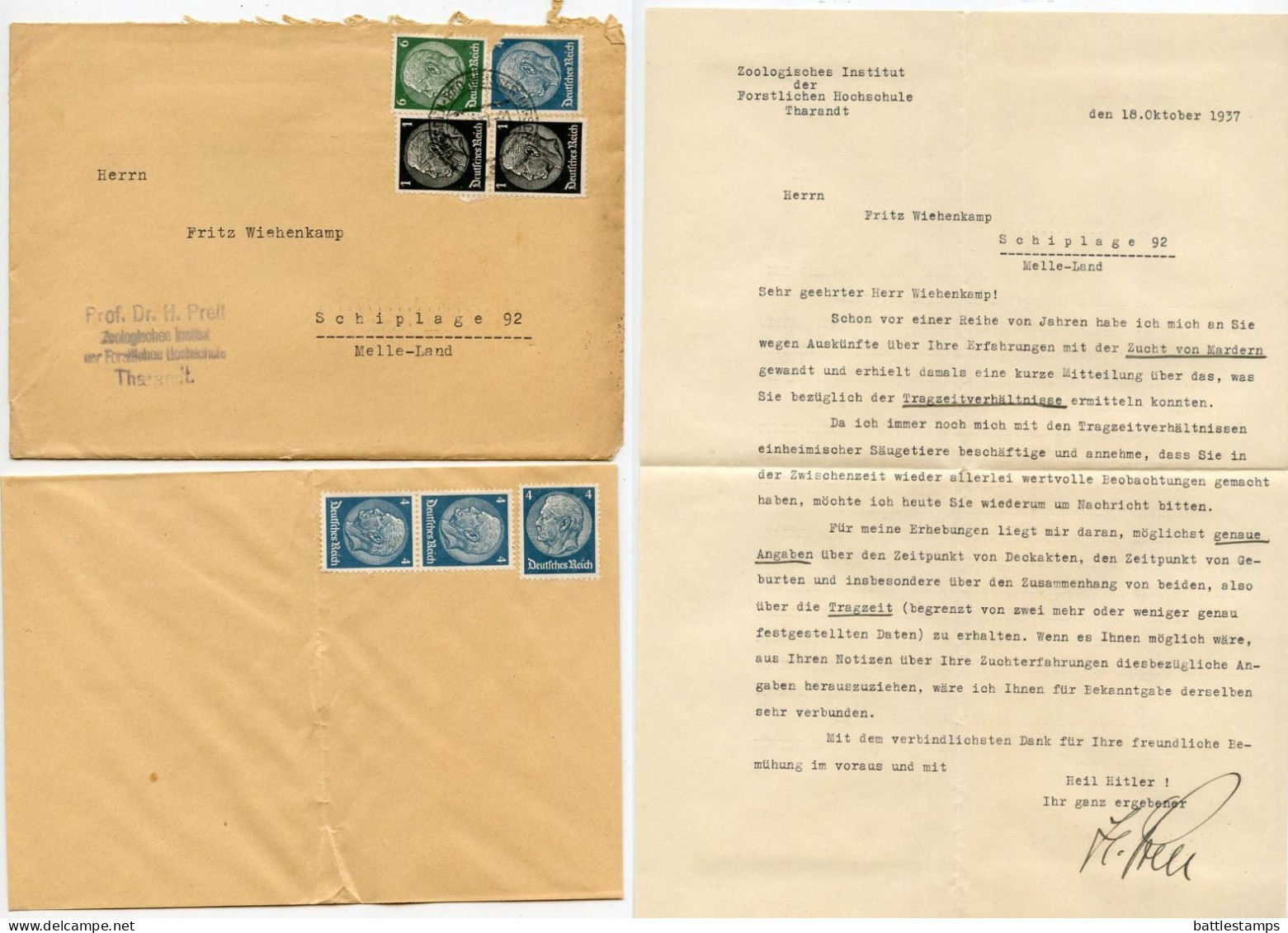 Germany 1937 Cover & Letter; Dresden-Bad Weisser Hirsch - Prof. Dr. H. Prell To Schiplage; Hindenburg Stamps - Covers & Documents