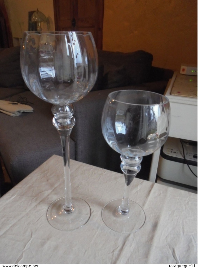 Ancien - 2 Grands Verres Ballon Photophores Sur Pieds En Verre - Glass & Crystal