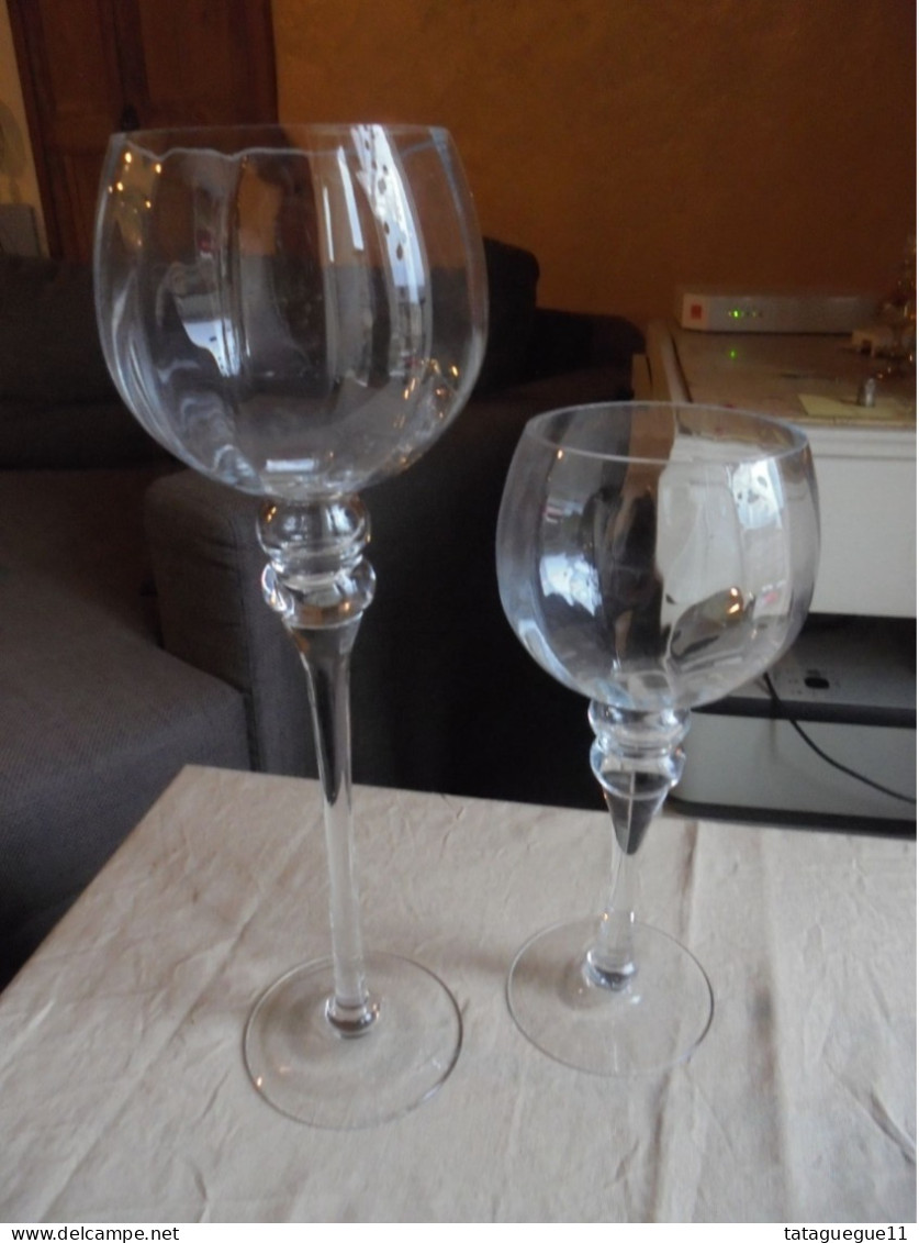 Ancien - 2 Grands Verres Ballon Photophores Sur Pieds En Verre - Glass & Crystal