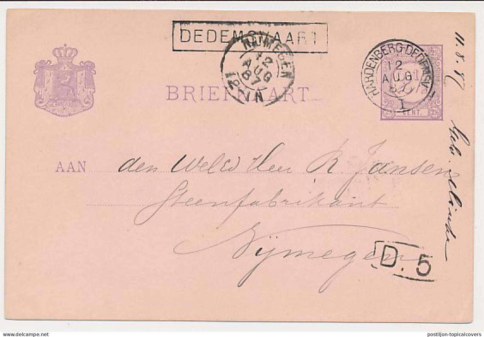 Trein Haltestempel Dedemsvaart 1887 - Briefe U. Dokumente