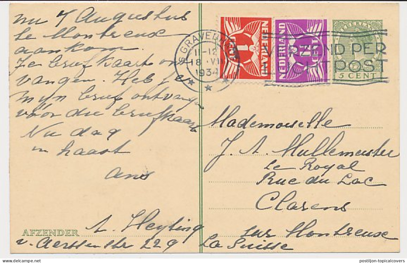 Briefkaart G. 216 / Bijfrankering Den Haag - Zwitserland 1934 - Postal Stationery