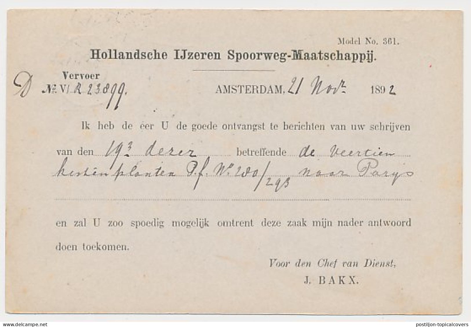 Spoorwegbriefkaart G. HYSM23 D - Amsterdam - Haarlem 1892 - Ganzsachen