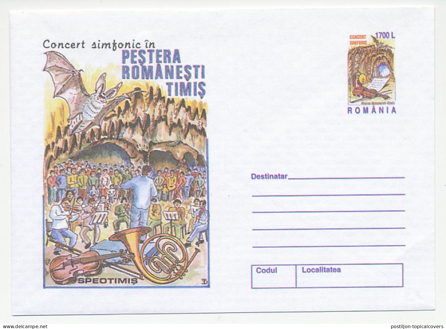 Postal Stationery Romania 2000 Concert Symfonic - Violin - Horn - Bat - Musica