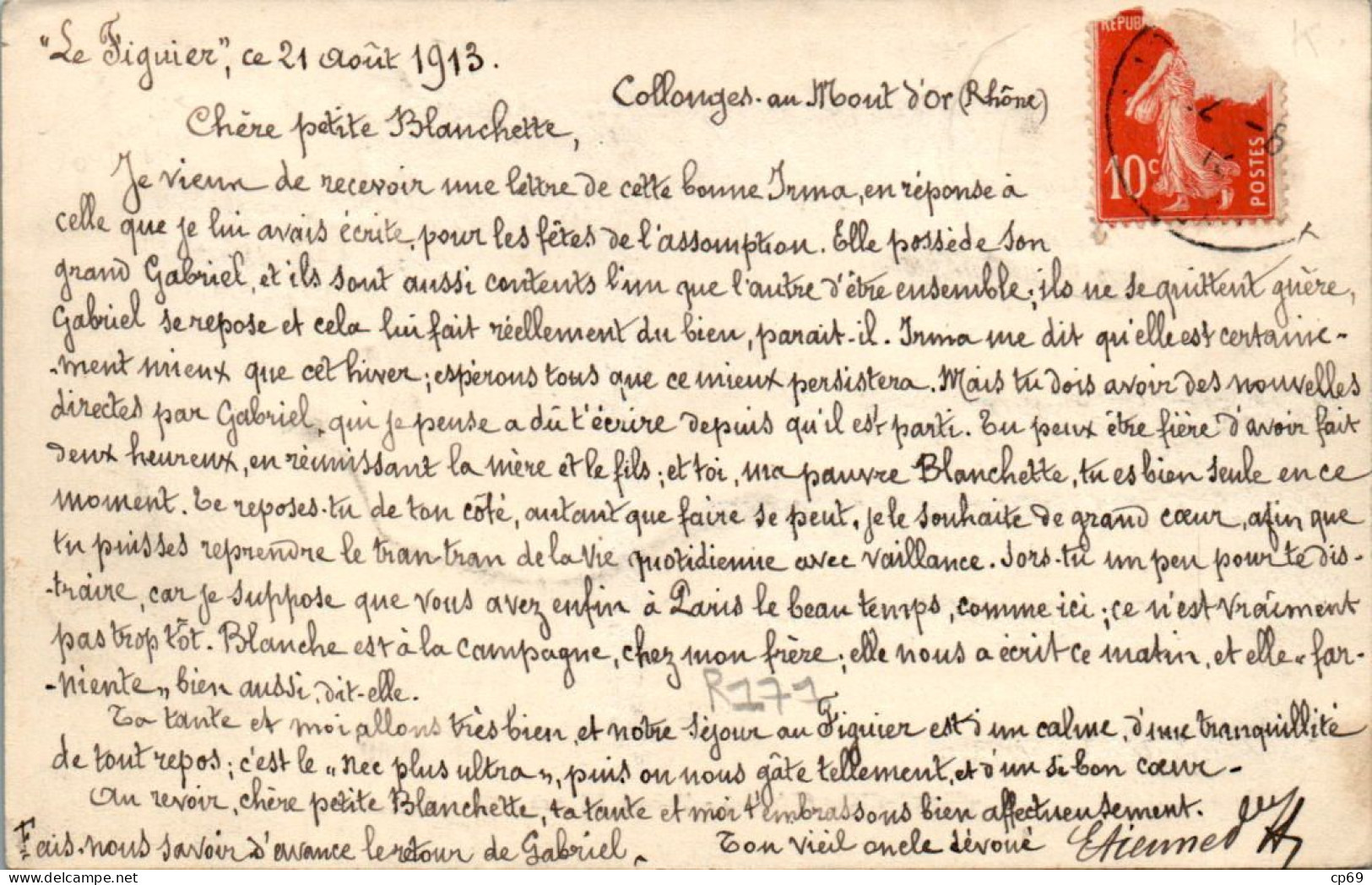 Collonges-au-Mont-D'Or Canton Limonest Trèves-Pâques Grande-Rue Rhône 69660 N°15 Cpa Voyagée En 1913 Timbre Déchiré TB.E - Other & Unclassified