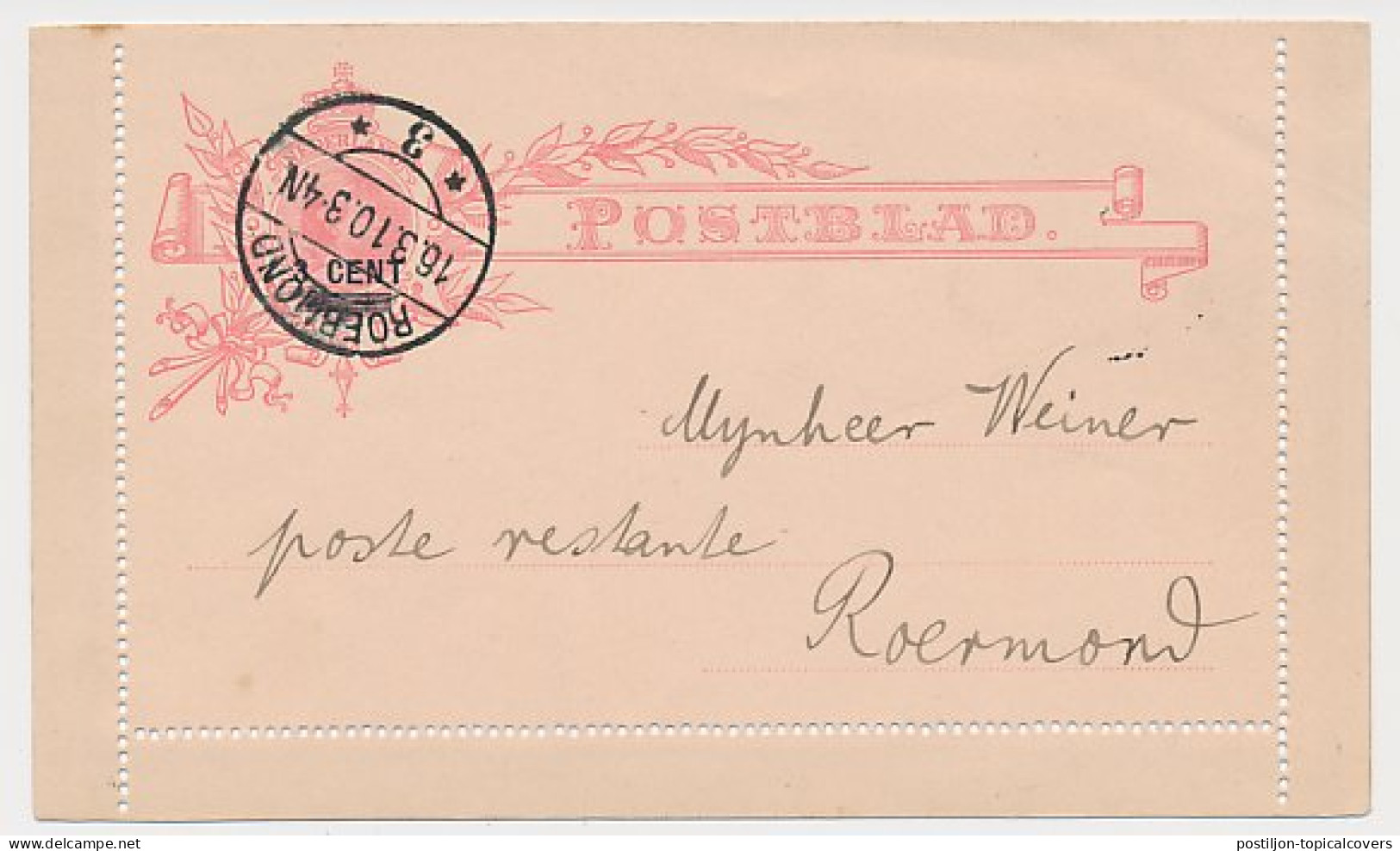 Postblad G. 9 X Locaal Te Roermond 1910 - Poste Restante - Postal Stationery