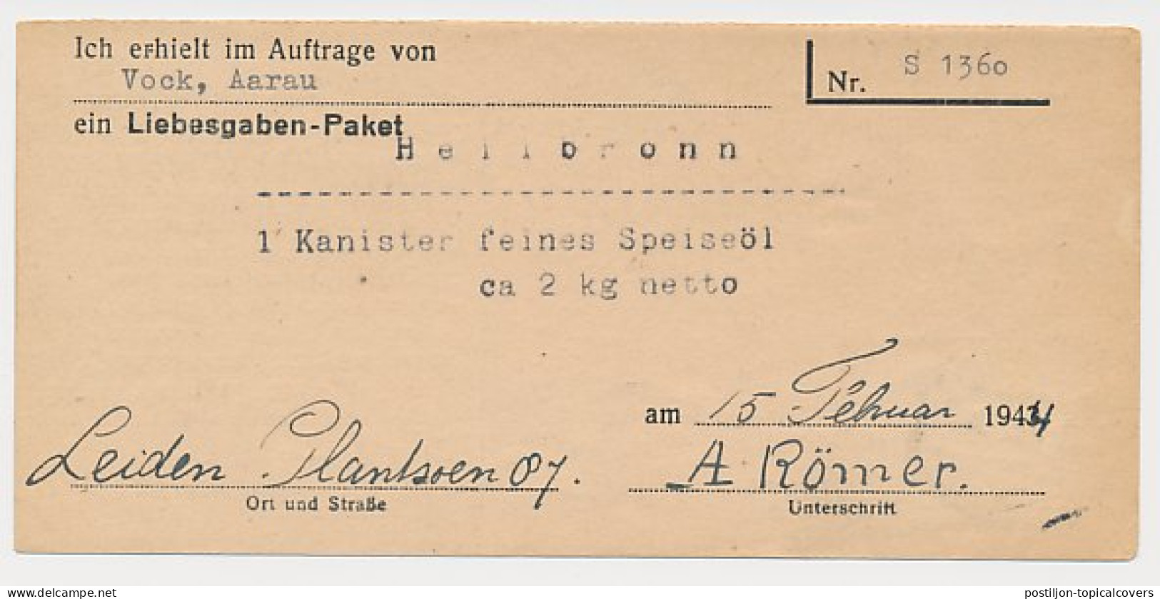 Leiden - Hamburg Duitsland 1944 - Liebesgabenpaket - Non Classés