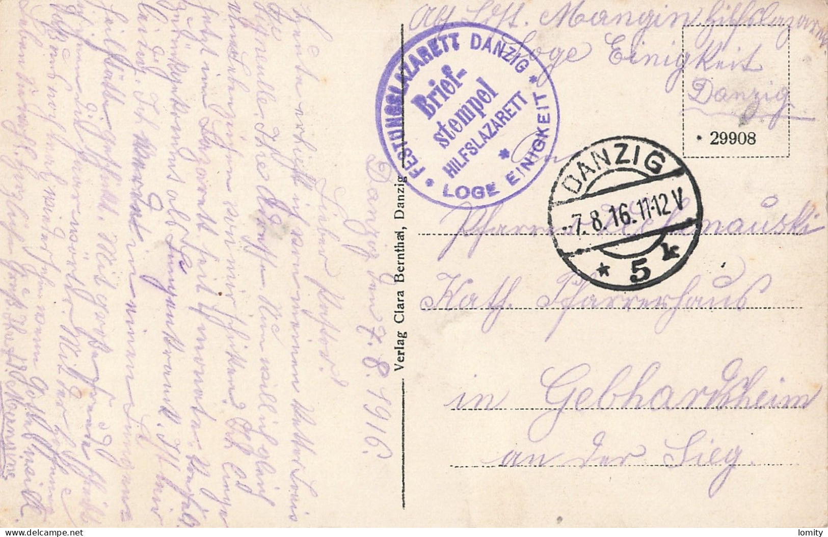 Cachet Militaire Danzig Hilfslazarett Loge Einigkeit Maçonnique Franc Maçonnerie Ostseebad Zoppot Sopot Guerre 1914 1918 - Briefe U. Dokumente