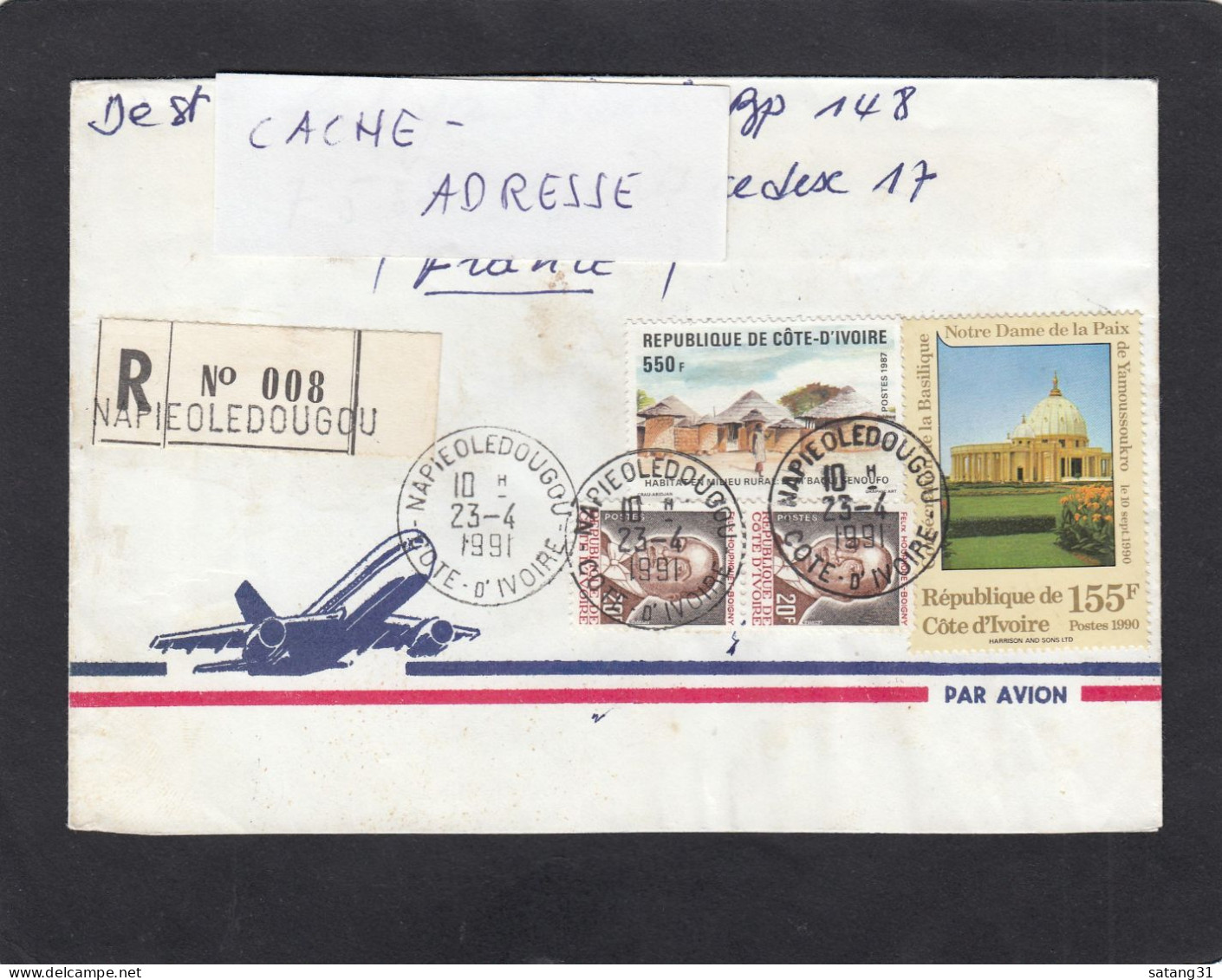 LETTRE RECOMMANDEE DE NAPIEOLEDOUGOU  AVEC TIMBRES " HABITAT EN MILIEU RURALE/PRESIDENT/BASILIQUE ".1991. - Côte D'Ivoire (1960-...)