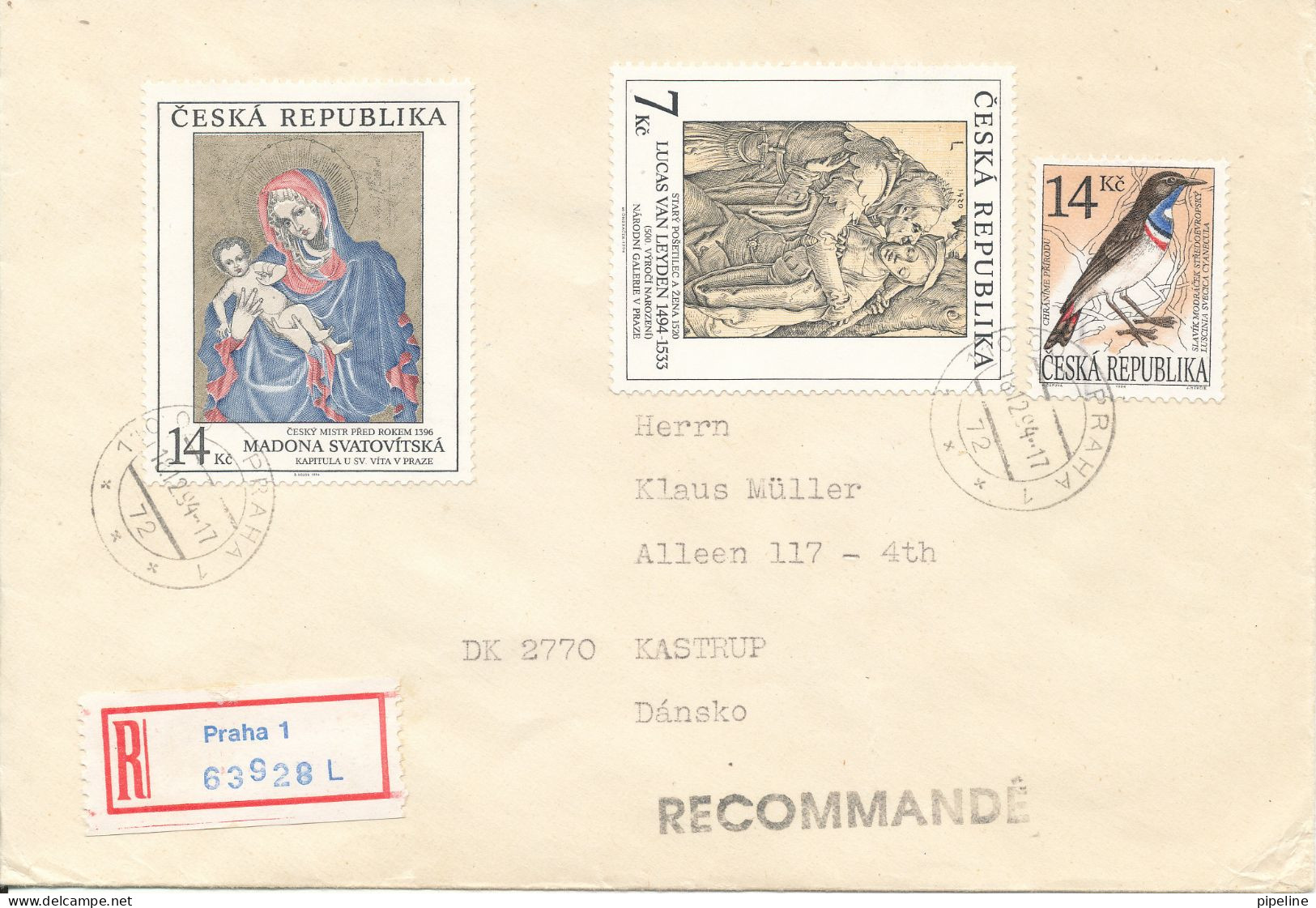 Czech Republic Registered Cover Sent To Denmark 18-12-1994 Topic Stamps BIRD And Paintings - Brieven En Documenten